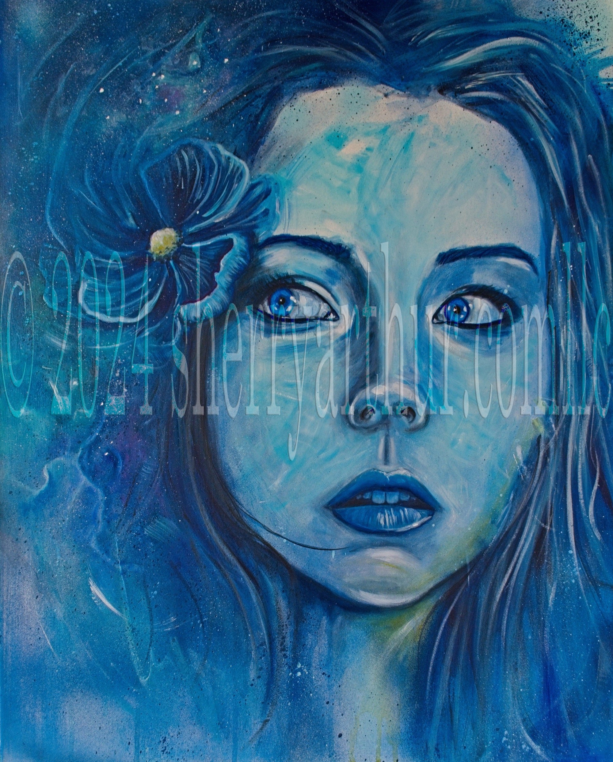 Woman's Face Portrait All in Blue. Eyes looking to the left in distrust.