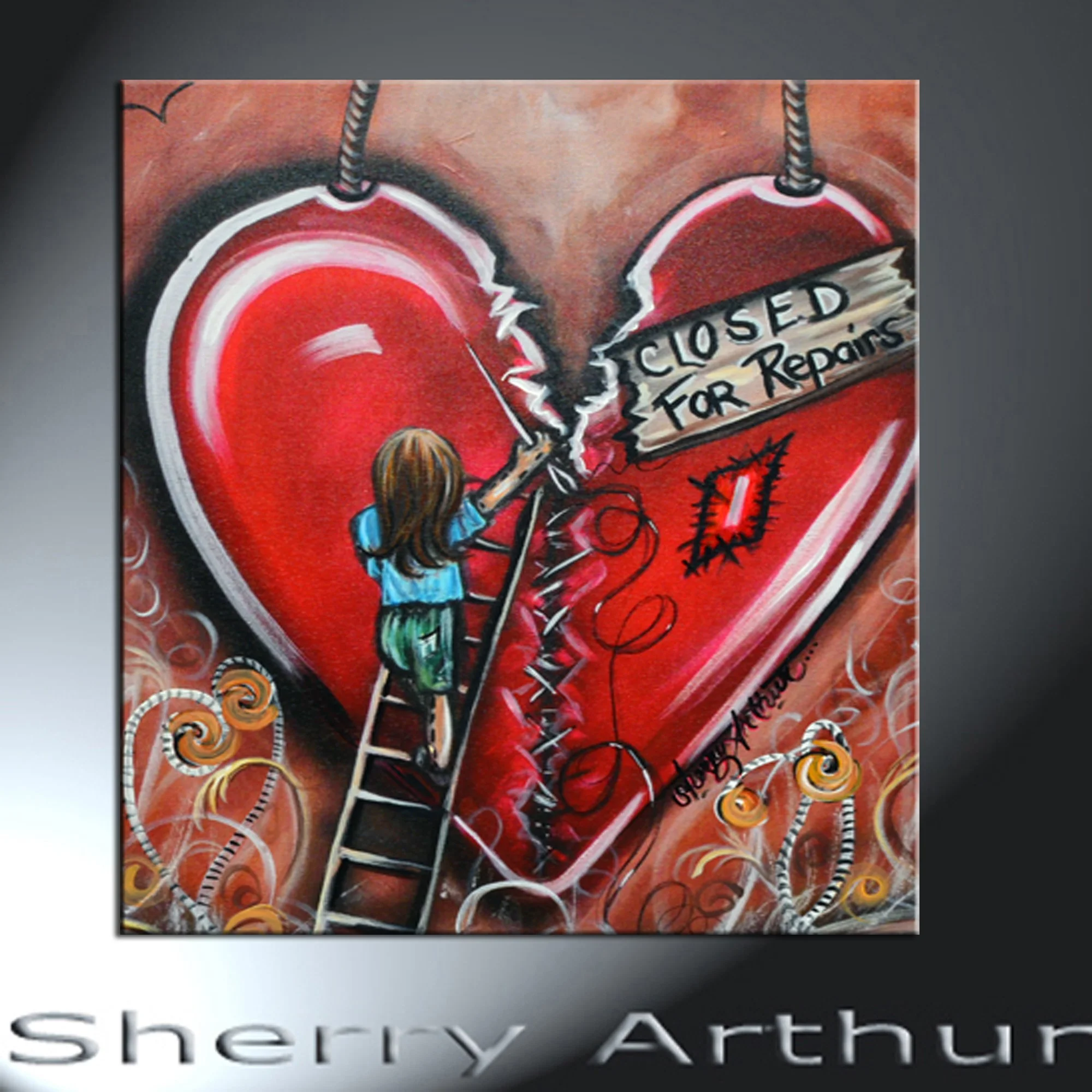 Closed For Repairs Little Girl Sewing Up Broken Heart Art Print Only