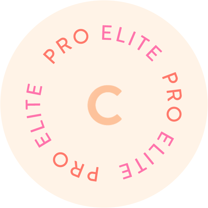 Circular logo with the words 'PRO ELITE' repeated twice in a circle in pink and orange, surrounding a peach-colored letter 'C' in the center.
