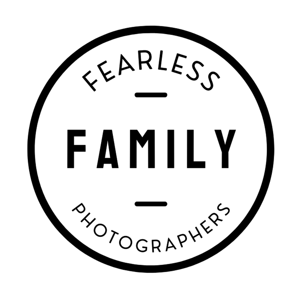 Design featuring the words 'Fearless Family Photographers' arranged in a circular pattern with a modern, minimalist style.