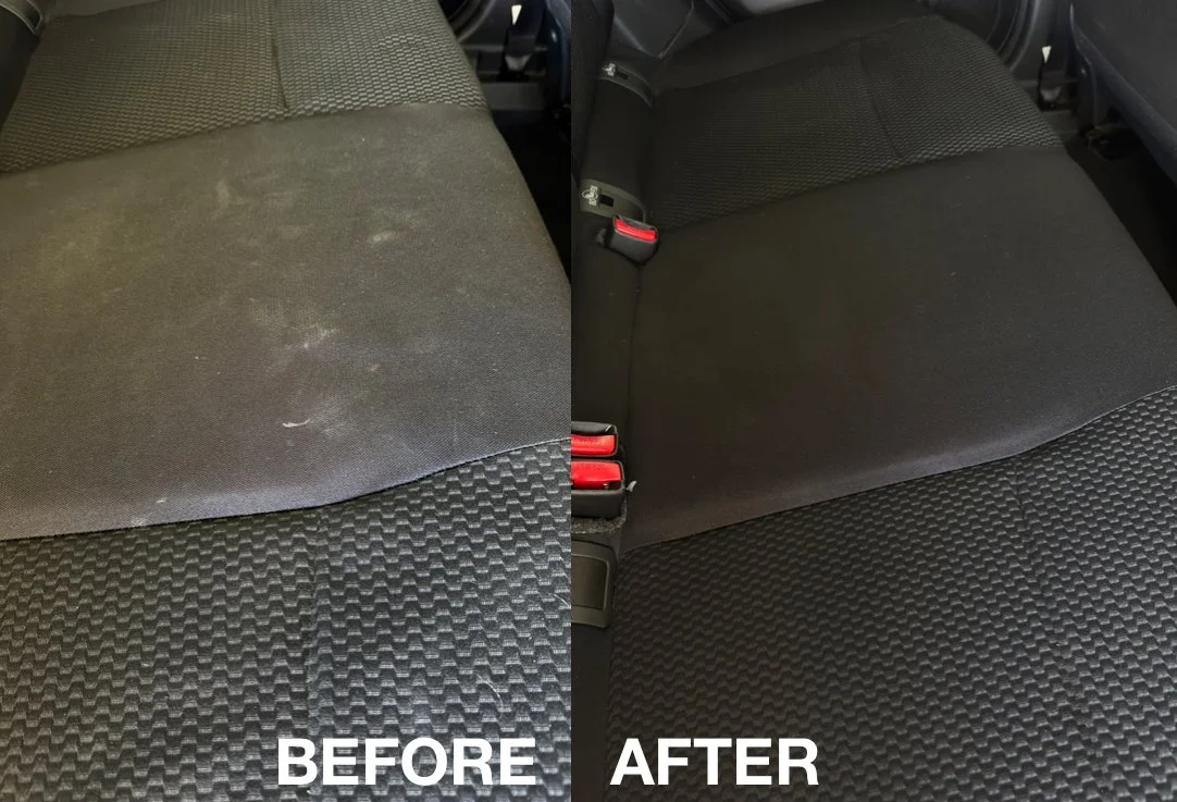 Comparison of car seat upholstery before and after cleaning; the 'before' side shows a dirty, stained fabric, while the 'after' side is clean and spotless.