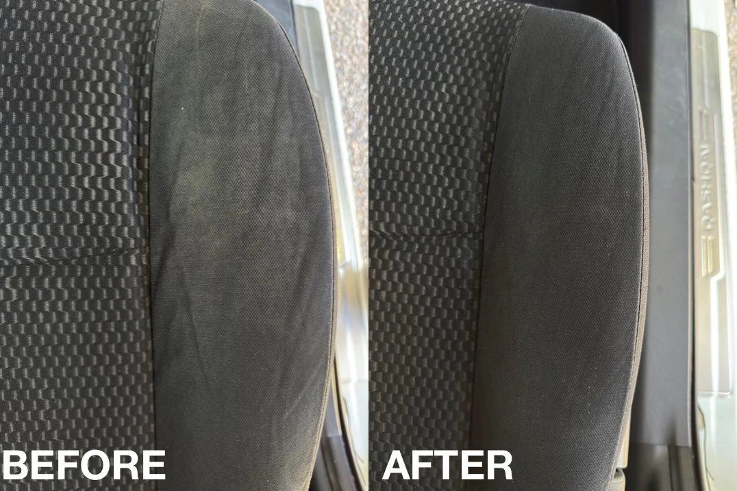 Comparison photo of a car seat before and after cleaning, showing the fabric is cleaner and the dirt is removed in the after image.
