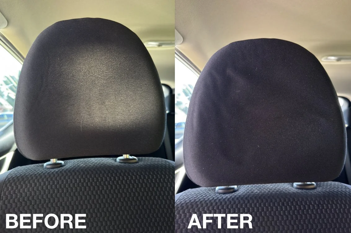 Comparison of a car seat headrest before and after cleaning. The left side labeled 'BEFORE' shows a headrest with dust and dirt, while the right side labeled 'AFTER' shows a cleaner headrest with less dust and dirt.