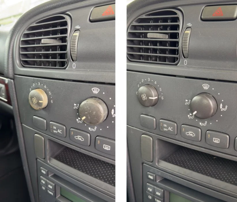 Close-up of a car dashboard's climate control panel, showing before and after of a car clean.