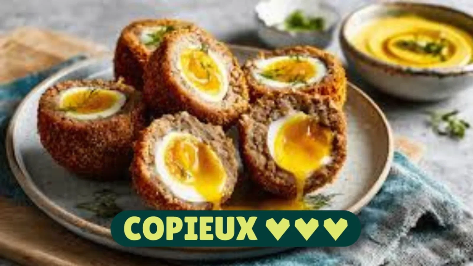 Légende : Oeufs cocotte croustillants, servis sur une assiette, avec une sauce verte en accompagnement.