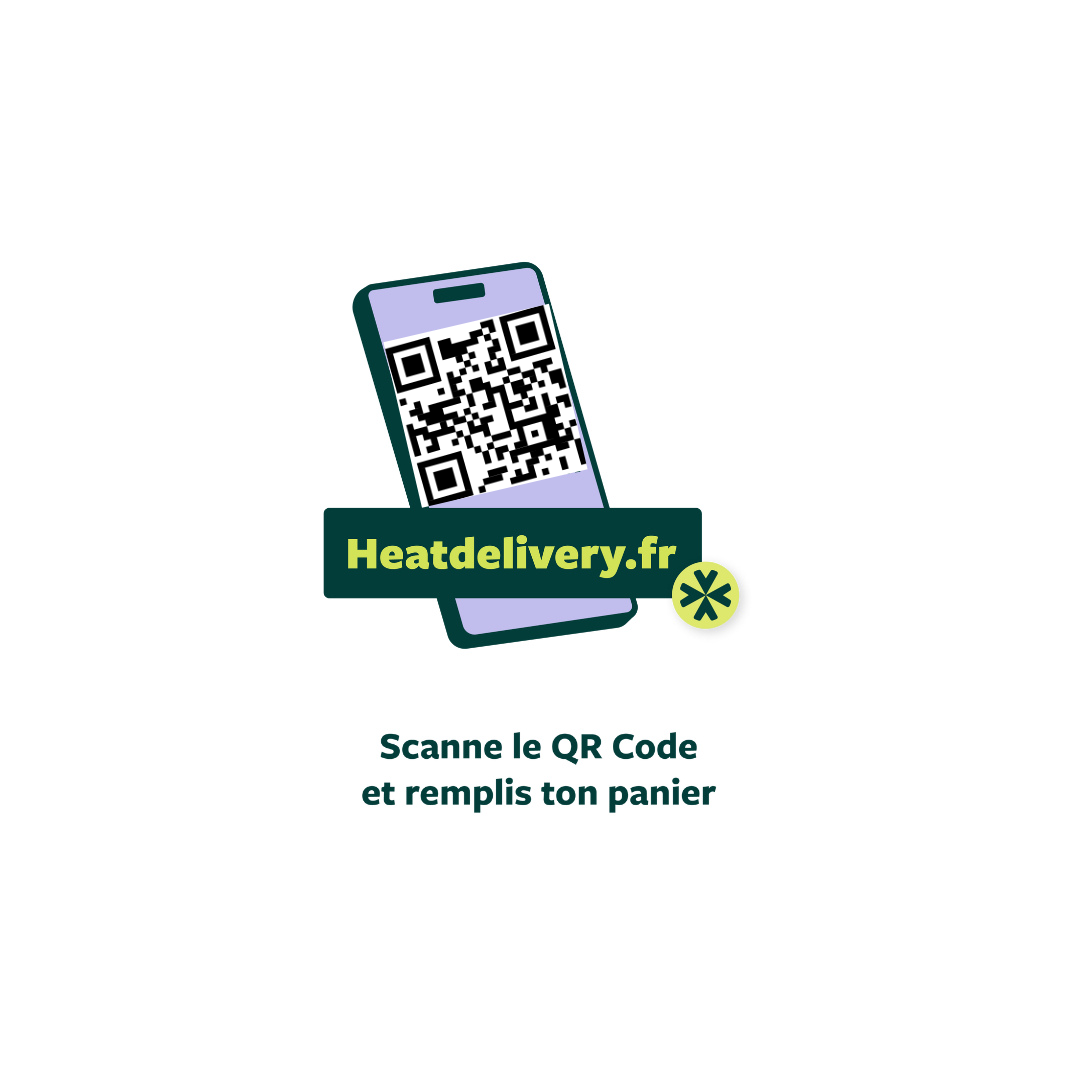 Logo with un téléphone affichant un code QR, le texte "Heatdelivery.fr" en vert, et la phrase "Scanne le QR Code et remplis ton panier" en dessous.