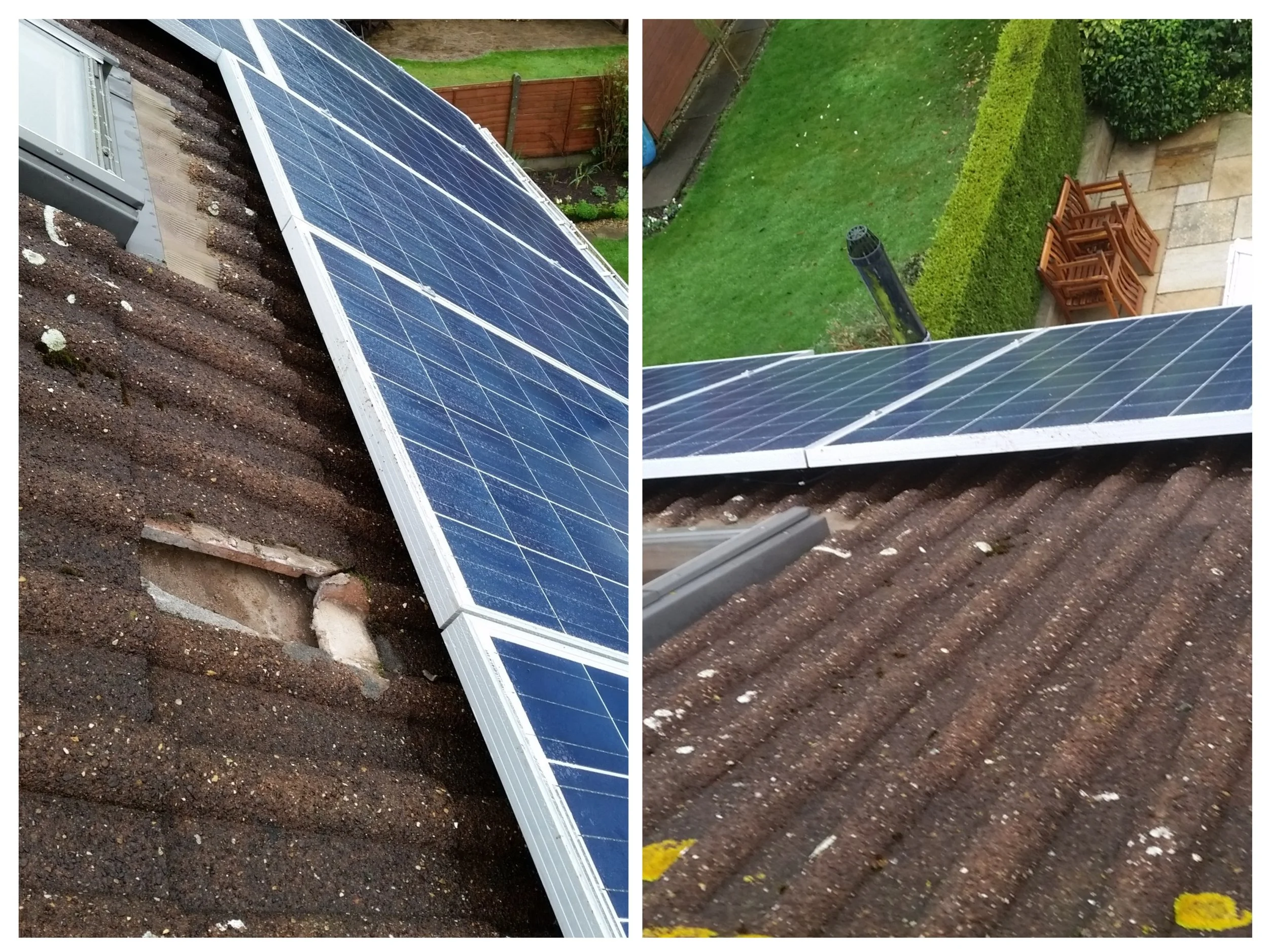 Before and after shot of a broken tile replacement next to a solar array
