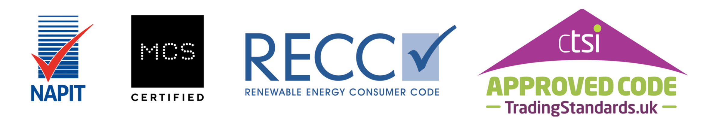 Logos of NAPIT, MCS Certified, RECC, and CTSI Approved Code in a horizontal line.