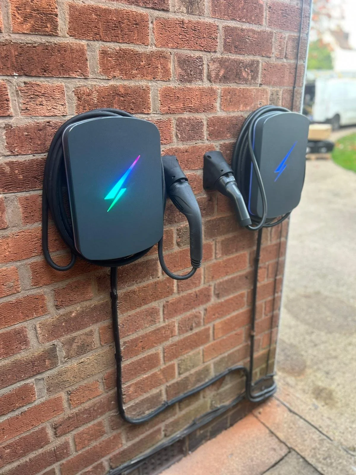 Two Hypervolt EV chargers installed on a residential property.