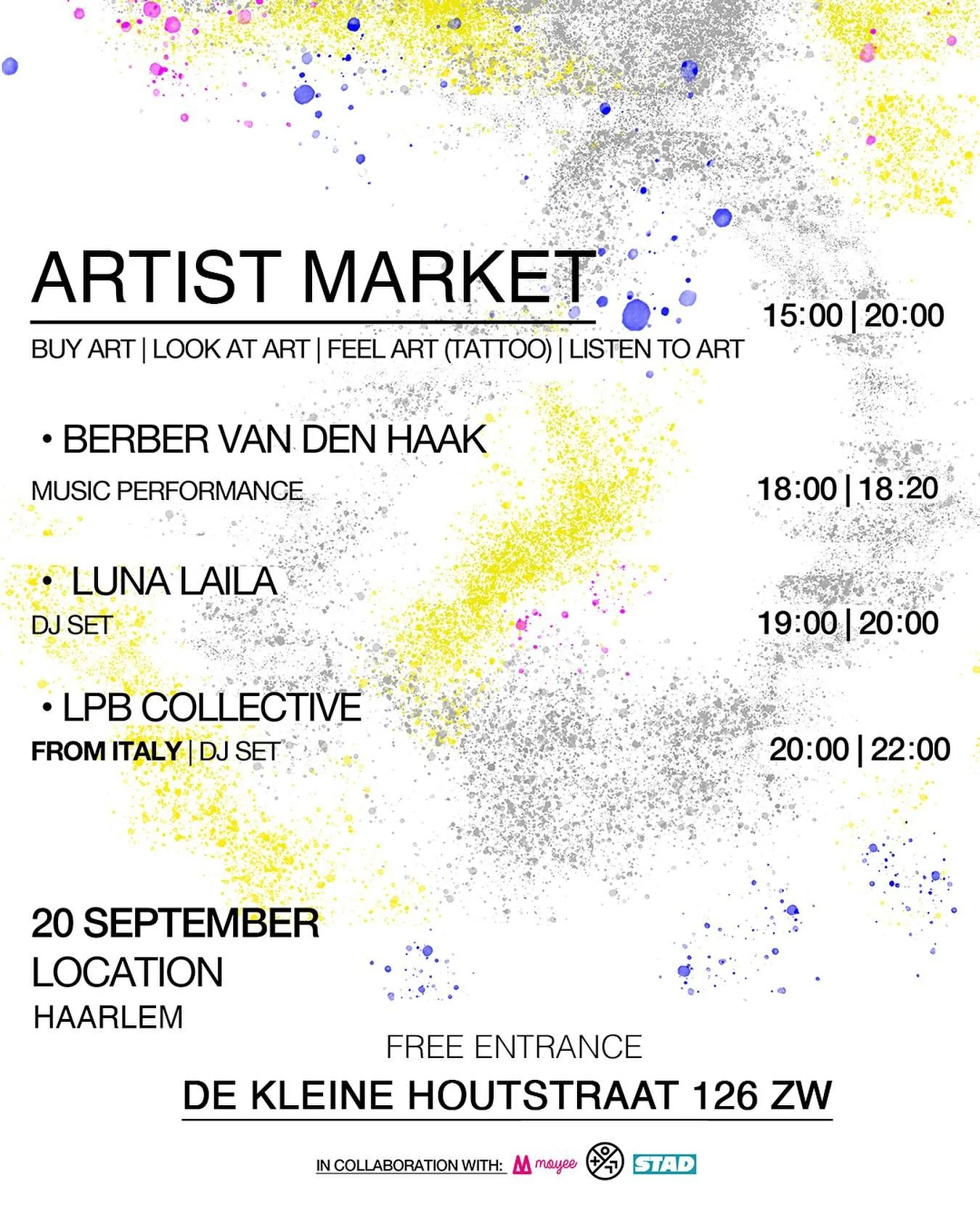🎨 The Young Artists Event: Kunstmarkt + Live Muziek!
Ontdek werk van jonge makers, koop direct van de kunstenaar en verbreed je netwerk.

📍 Zaterdag 20 september 2025 | 15:00&ndash;22:00
De Kleine Houtstraat 126 ZW, Haarlem
🎶 Live muziek van 18:00
