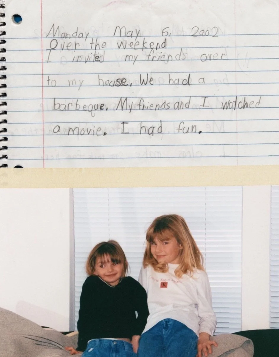 A inkwritten journal entry dated Monday, May 6, 2002, describing a weekend with friends, a barbecue, and watching a movie, along with a photo of two young girls sitting together on a couch in front of white blinds, smiling at the camera.