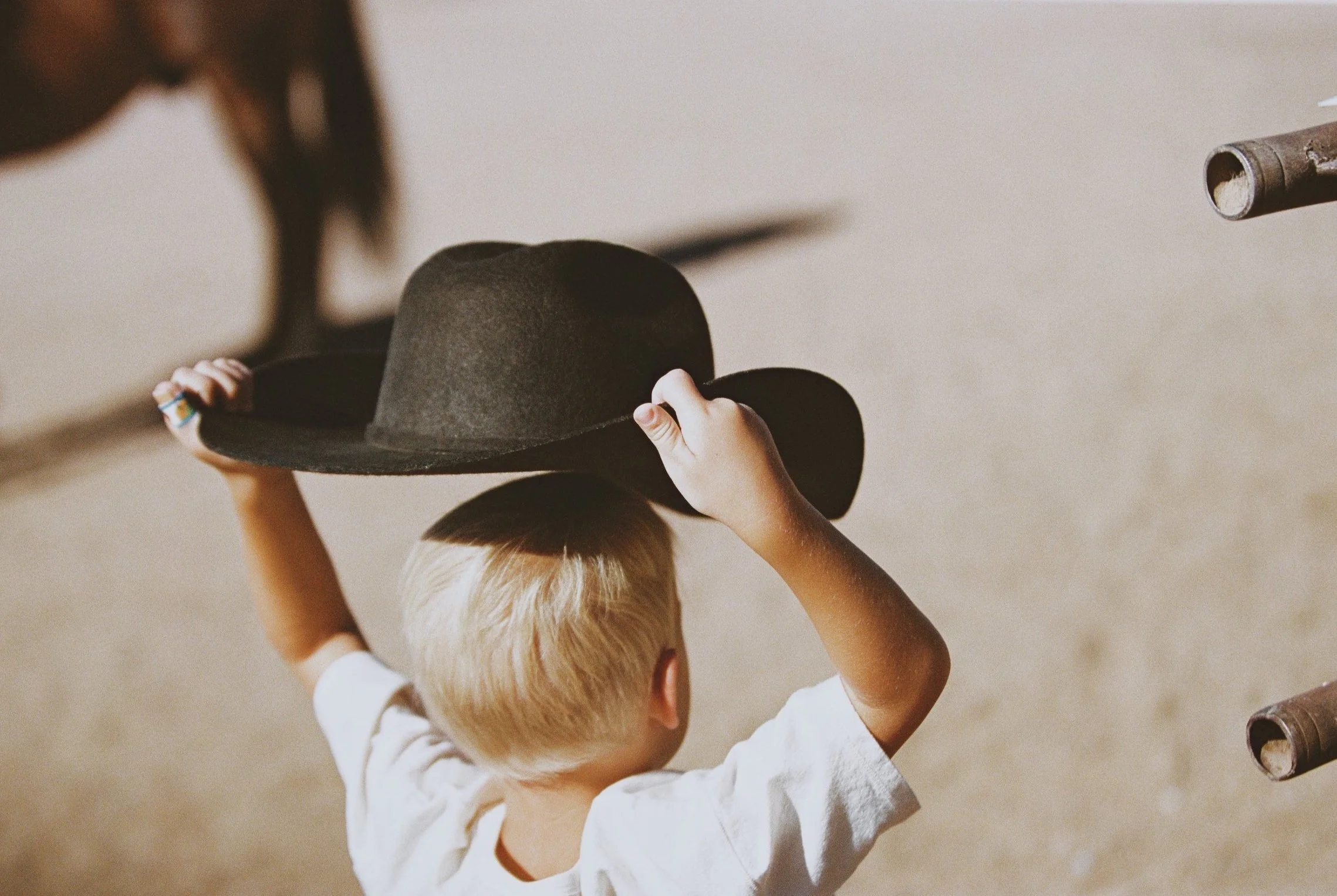 Child with blonde hair holding a black hat above their head outdoors on a sunny day.