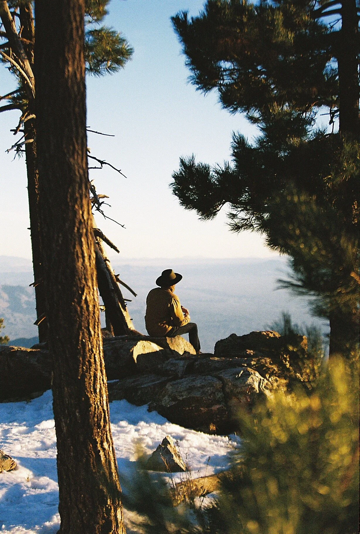 A person wearing a hat and sitting on rocks near snow, surrounded by pine trees, overlooking a distant mountain landscape.