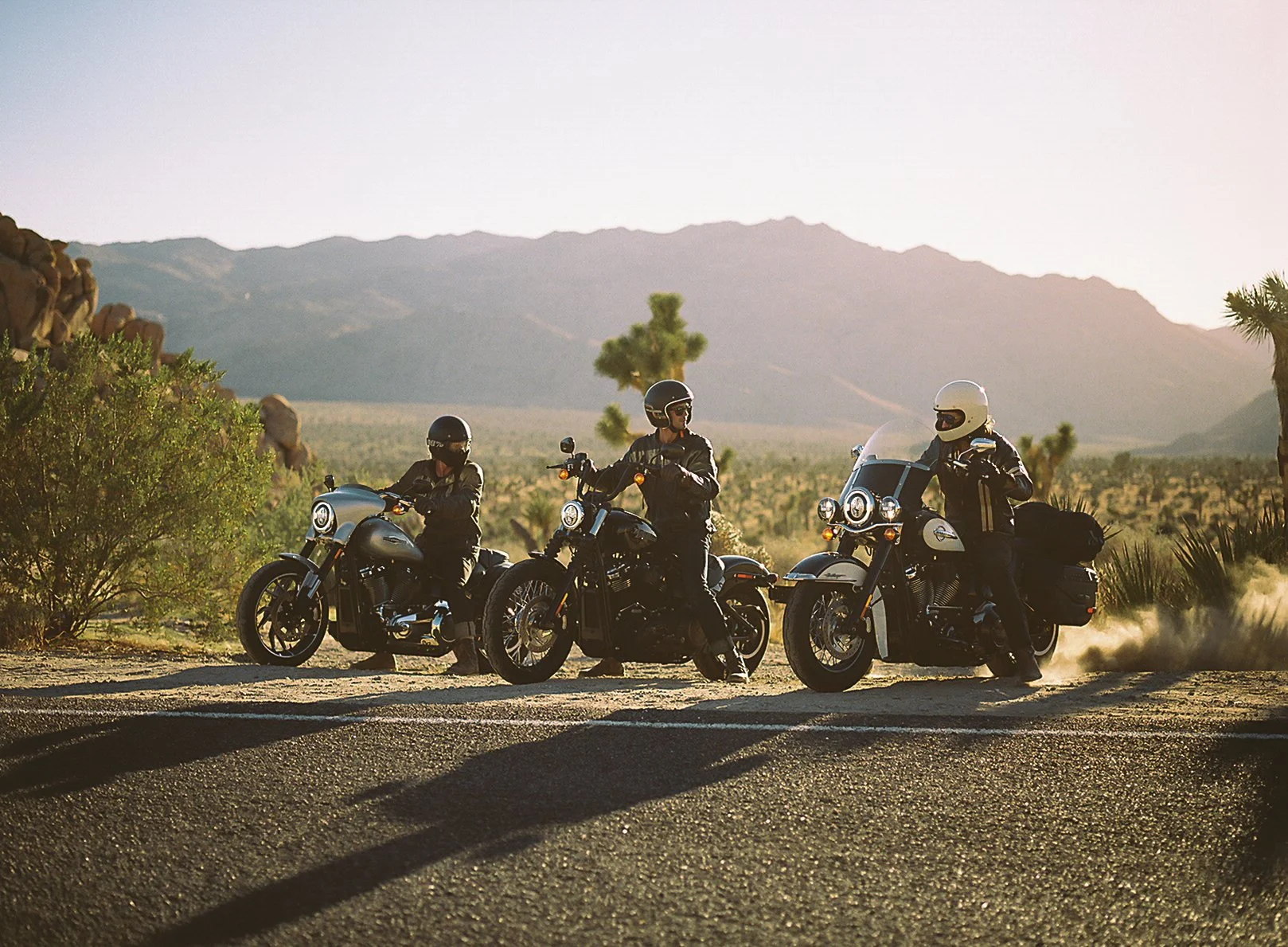 Three motorcyclists wearing helmets and riding black motorcycles on a desert road with mountains and desert plants in the background during sunset.