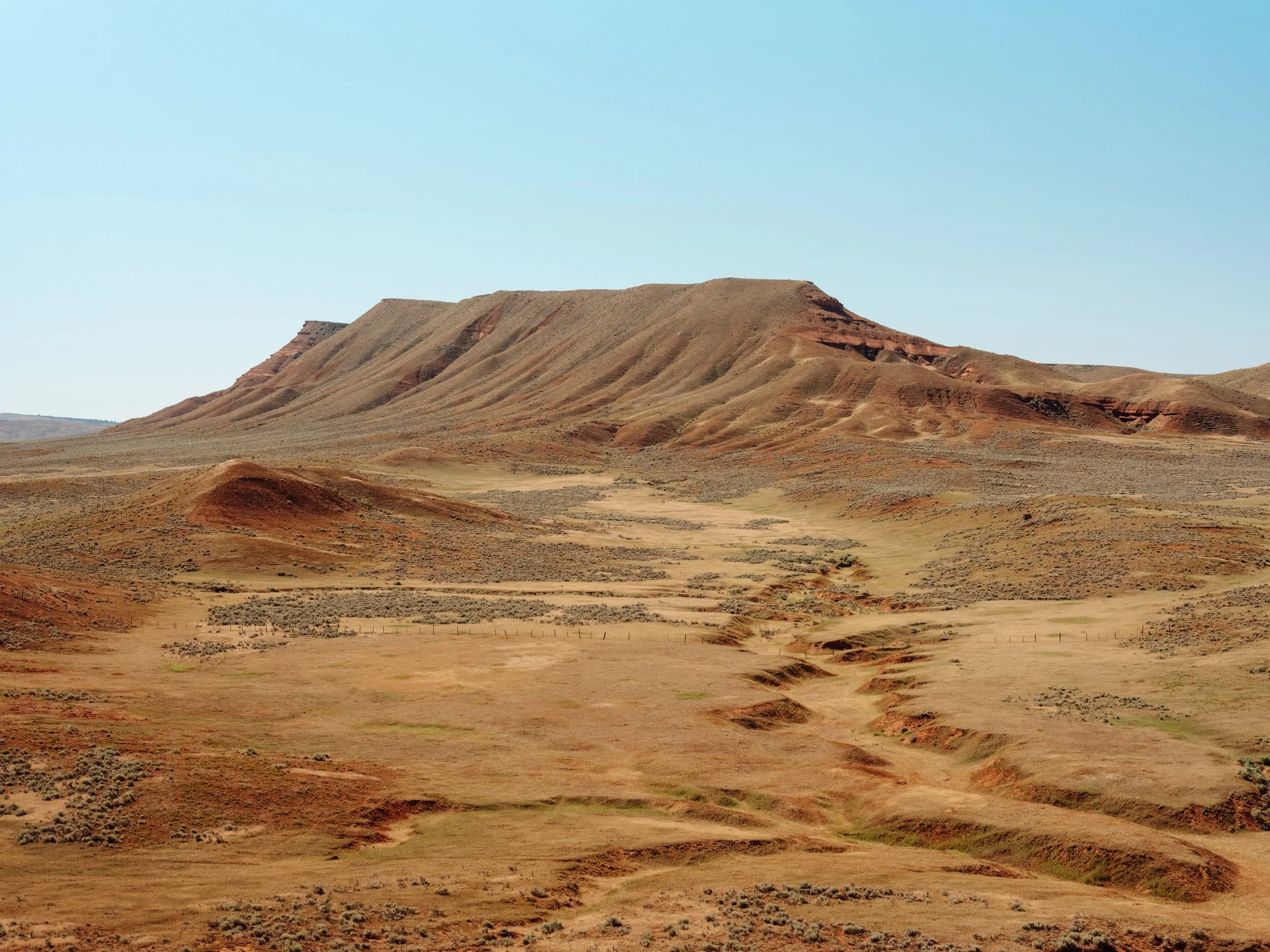A vast desert landscape with rolling hills and flat plains, featuring reddish-brown soil and sparse vegetation under a clear blue sky.
