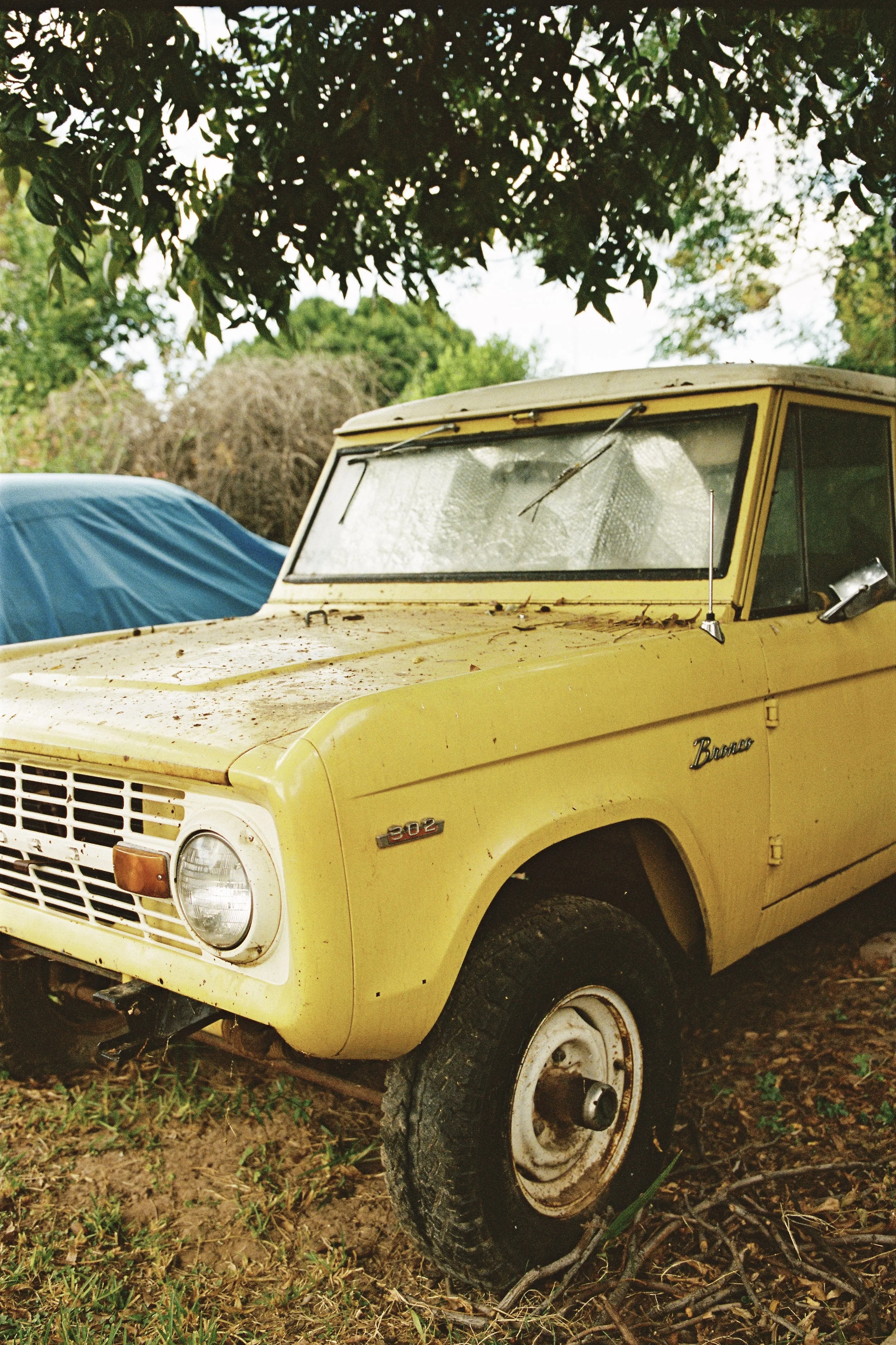 An old yellow Chevrolet Blazer SUV with rust and dirt on it, parked on a grassy area under trees, with a covered vehicle in the background.