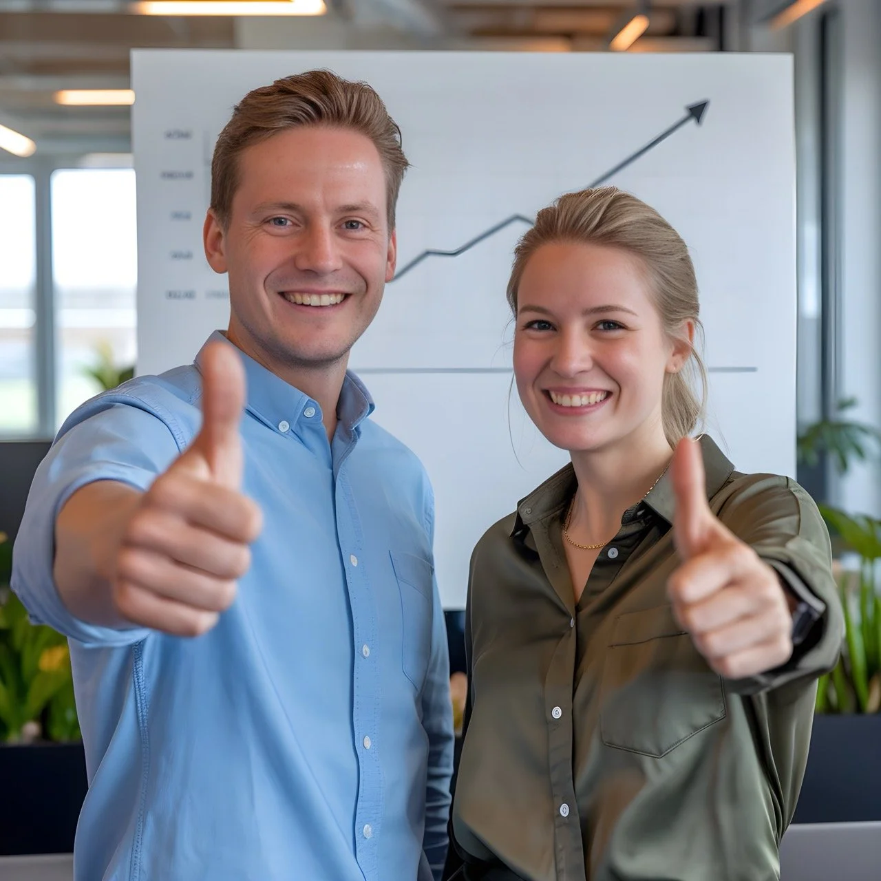 Two smiling office workers giving a thumbs-up in front of a chart showing progress, symbolizing the success of workplace wellness programs. This image aligns with "Get DeskFit" solutions for team productivity and health.