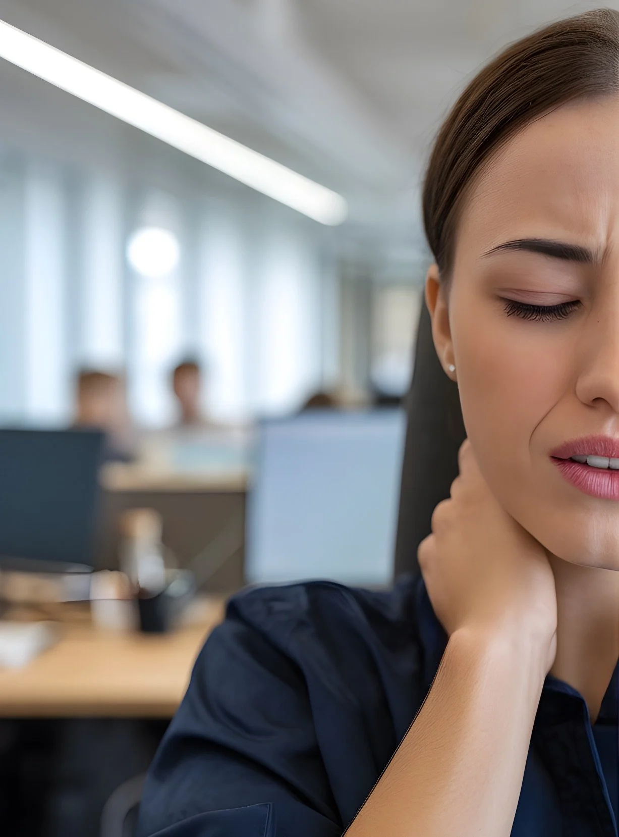 A close-up of an office worker experiencing neck pain, highlighting the need for ergonomic adjustments and wellness routines. This image emphasizes "Get DeskFit" strategies to prevent and alleviate discomfort in the workplace.