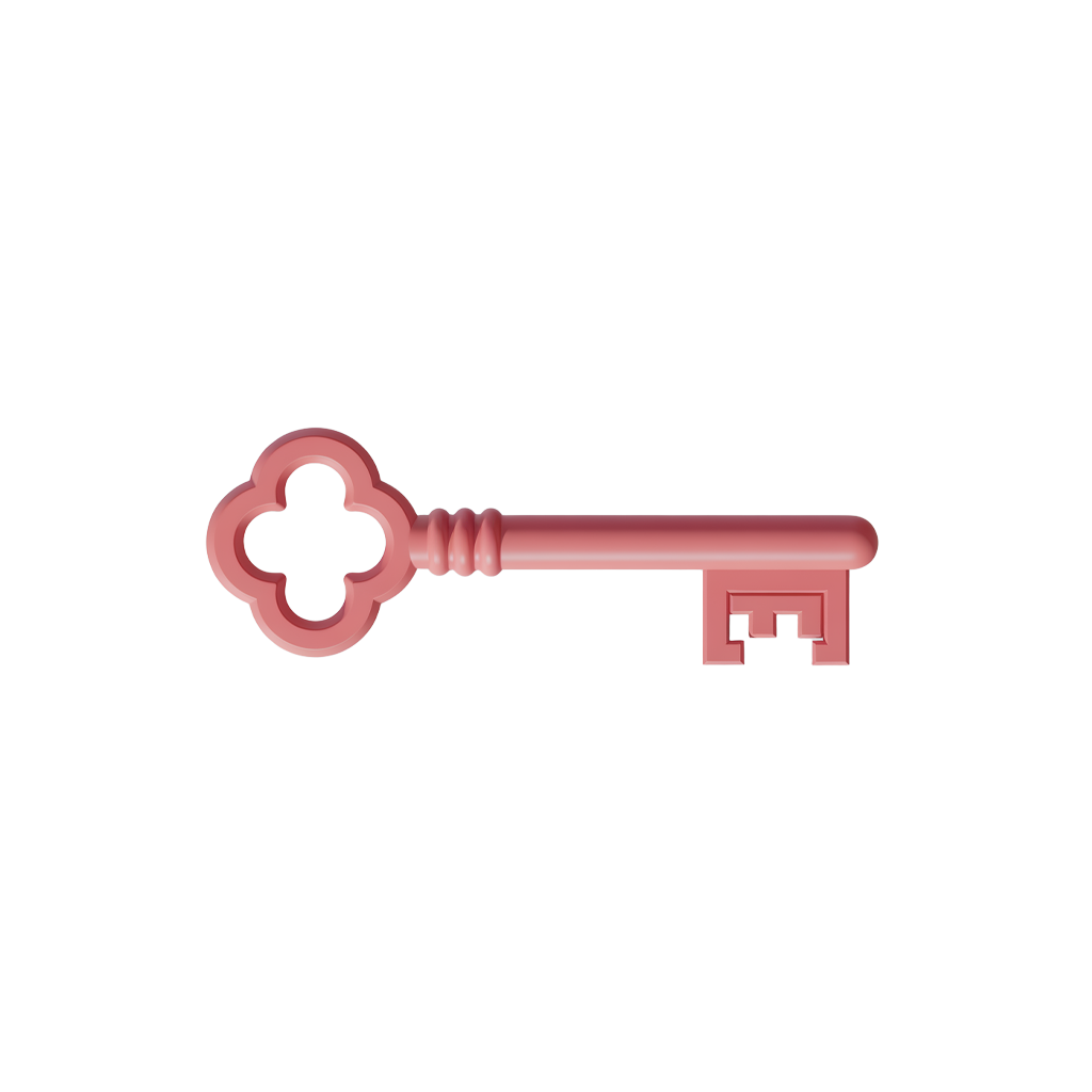 A 3D illustration of a pink key symbolizing instant access to an easy-to-use platform with step-by-step guides and an extensive video library, emphasizing "Get DeskFit" resources for desk workers seeking healthier lifestyles.