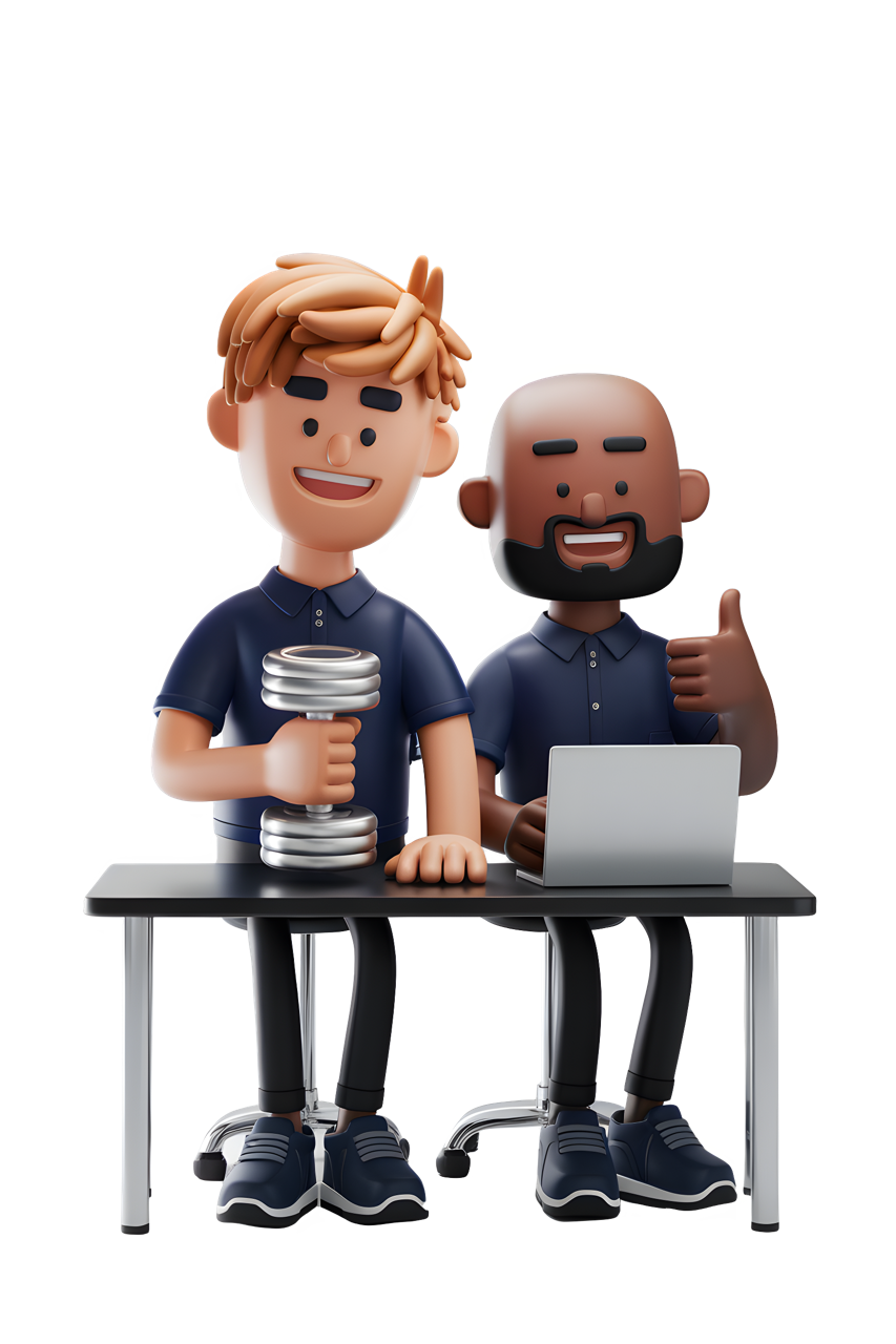 A 3D illustration of Frederik holding a dumbbell and Louis giving a thumbs-up while working on a laptop at a desk. This image represents "Get DeskFit" founders promoting workplace wellness and simple fitness routines for busy professionals.