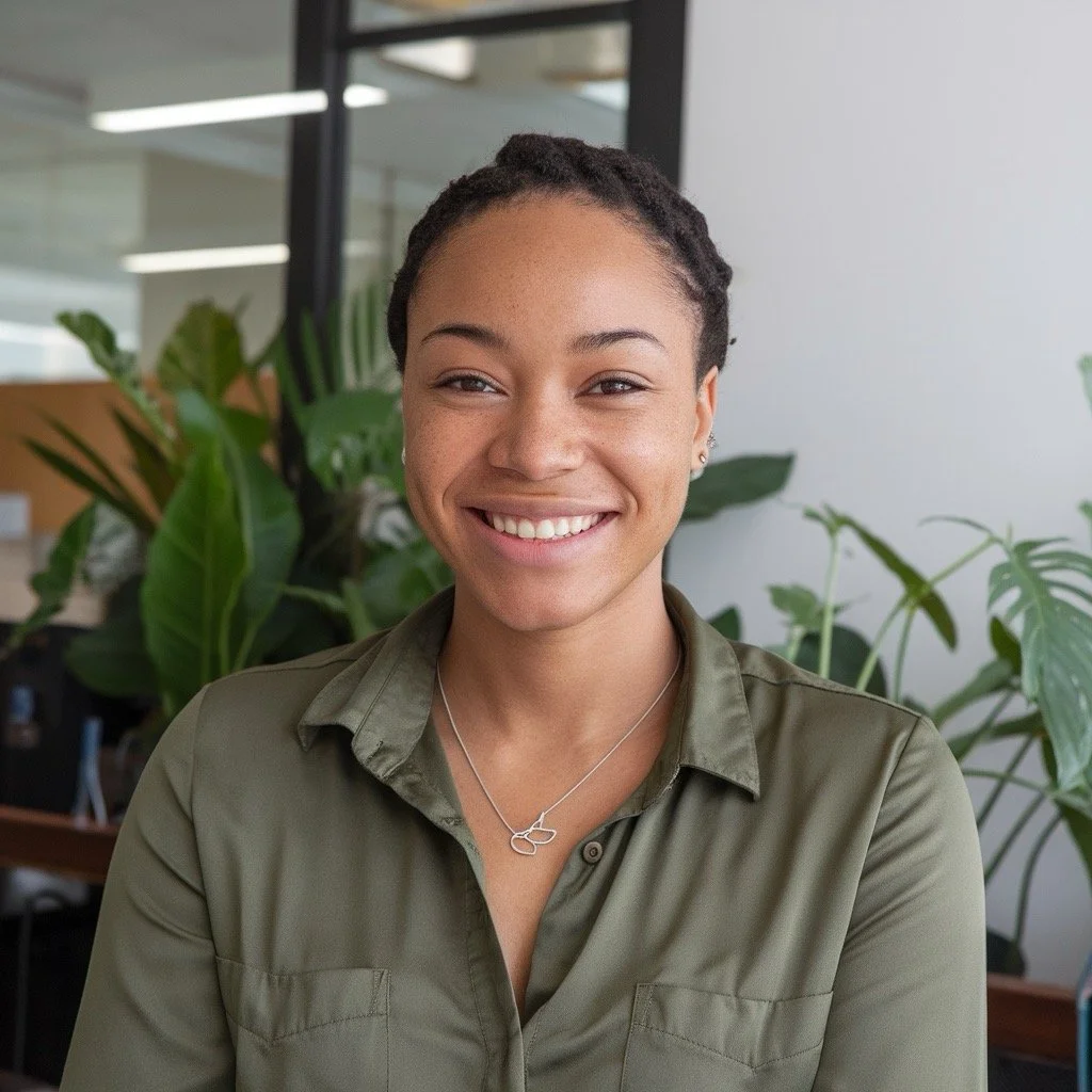 A smiling office worker in a green shirt, set against a backdrop of greenery in a modern workplace. This image showcases "Get DeskFit" initiatives promoting employee wellbeing and a positive office environment.