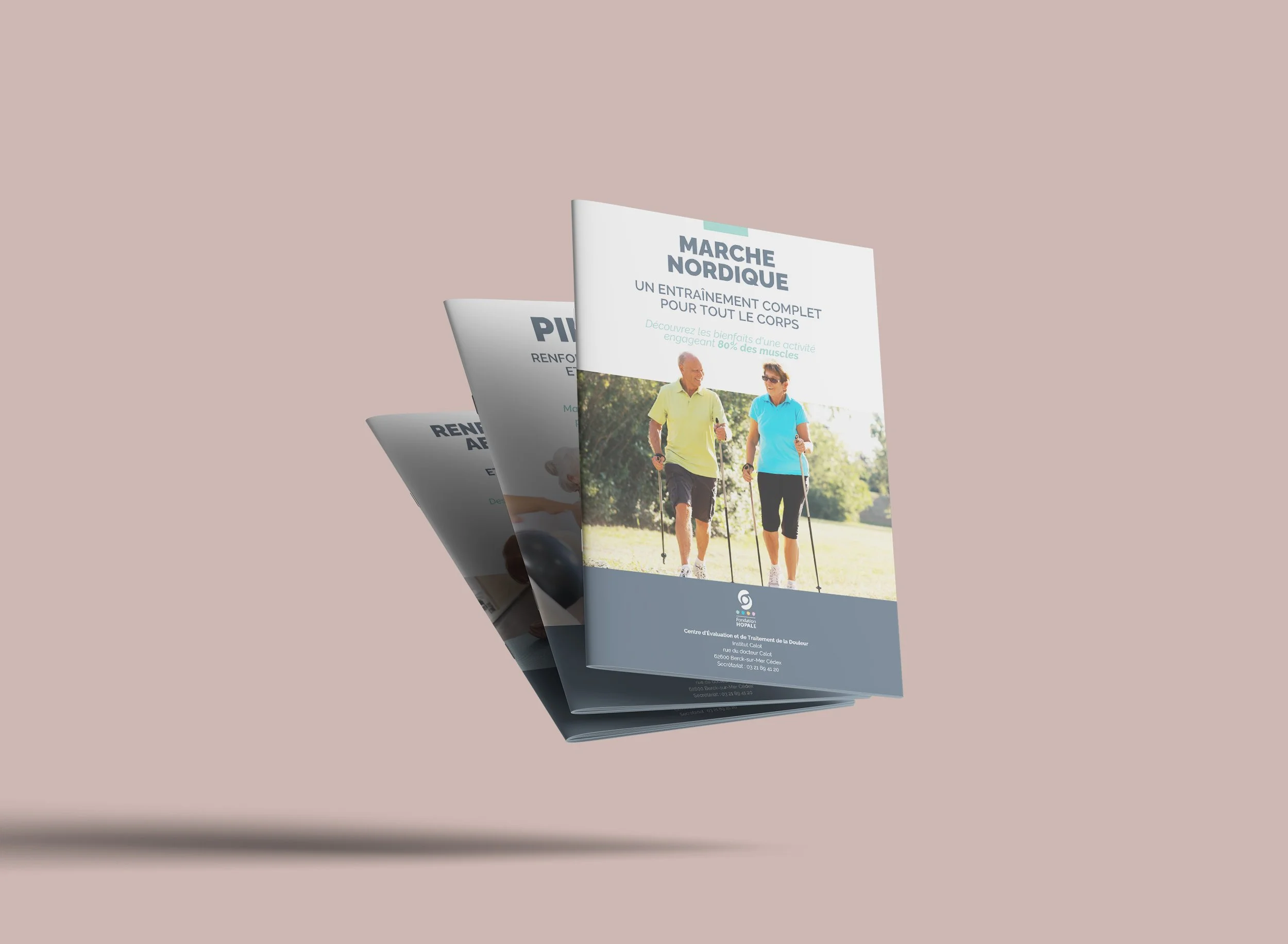 Brochure featuring elderly man and woman walking with walking poles outdoors, promoting Nordic walking exercise.
