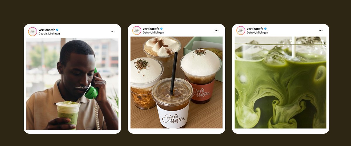Three images of beverages at Cafe Vertica in Detroit, Michigan. The first shows a person talking on a green phone while holding a matcha latte. The second shows three cold drinks with whipped cream and toppings on a table. The third is a close-up of a green iced coffee with swirling patterns.