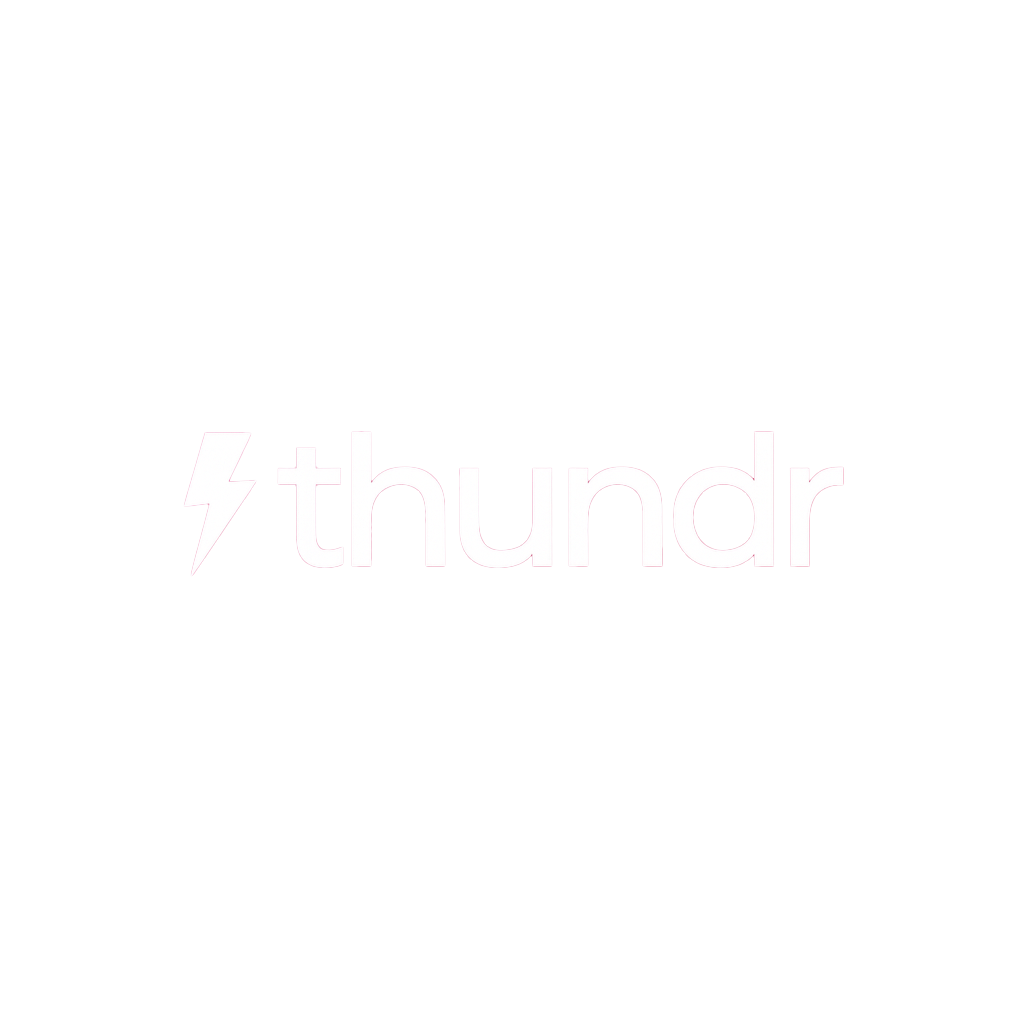 Black background with a pink lightning bolt icon and the word 'thundr' in pink lowercase letters.