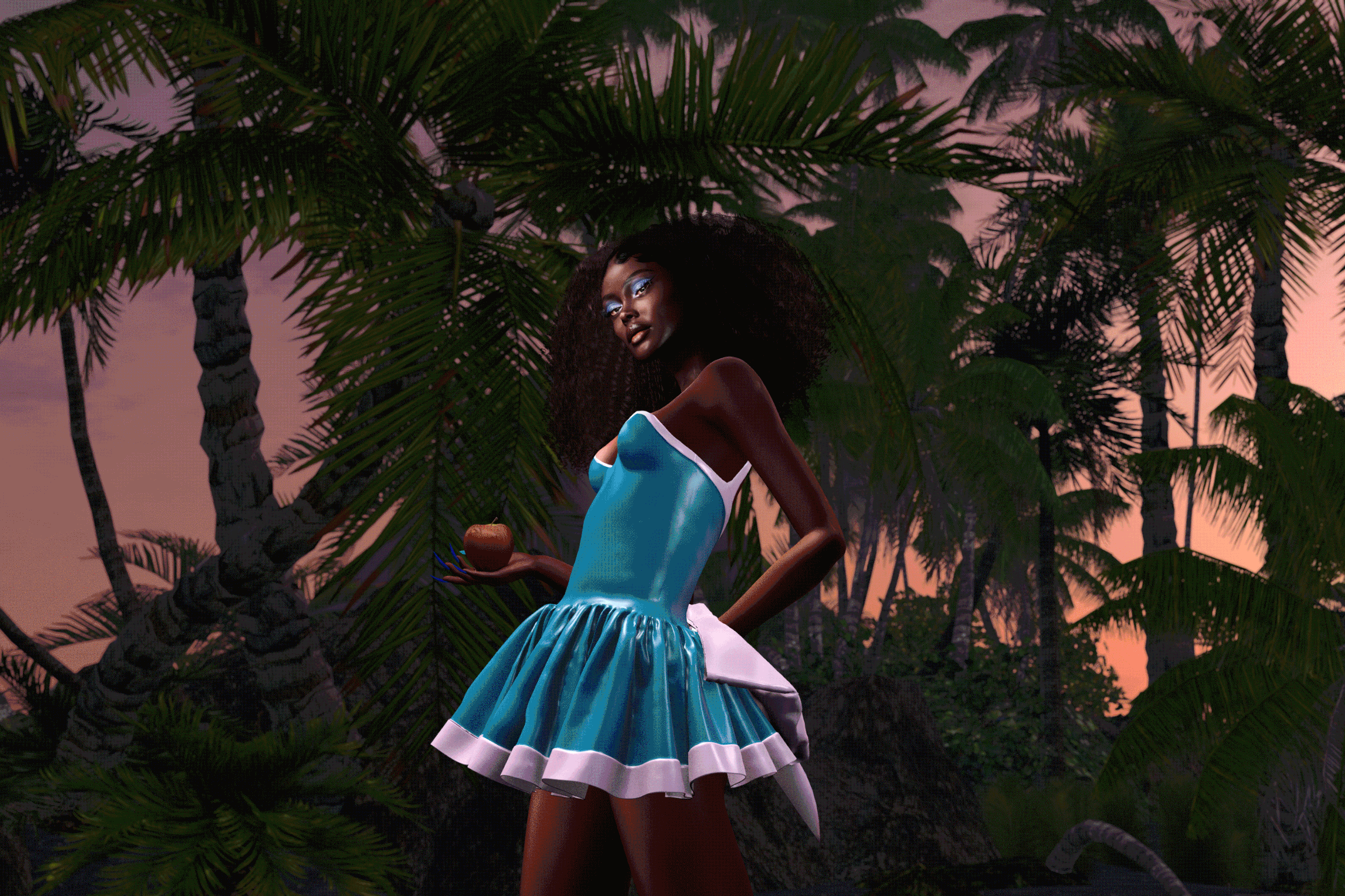 A woman with dark skin and curly hair dressed in a blue and white dress is holding an apple and standing among palm trees during sunset.
