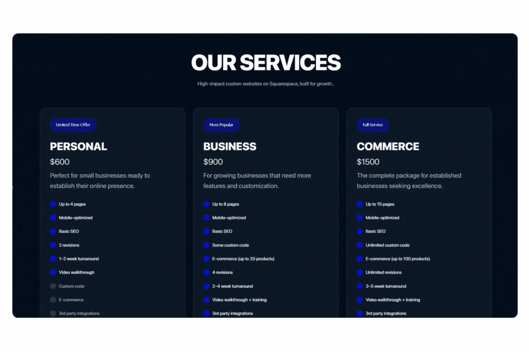 Pricing Packages Section