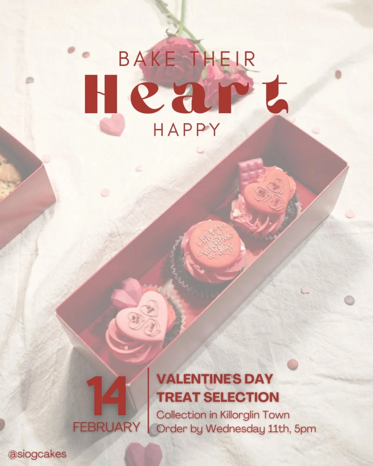 💘 valentine's day treats 💘

🩷 bake their heart happy with one of our tasty offers for Valentine's day! Whether it's your partner, your child, your parents, or grandparents. 

🧁 Box of 3, 6, or 12 cupcakes with sweet valentine's decor 
Flavours in