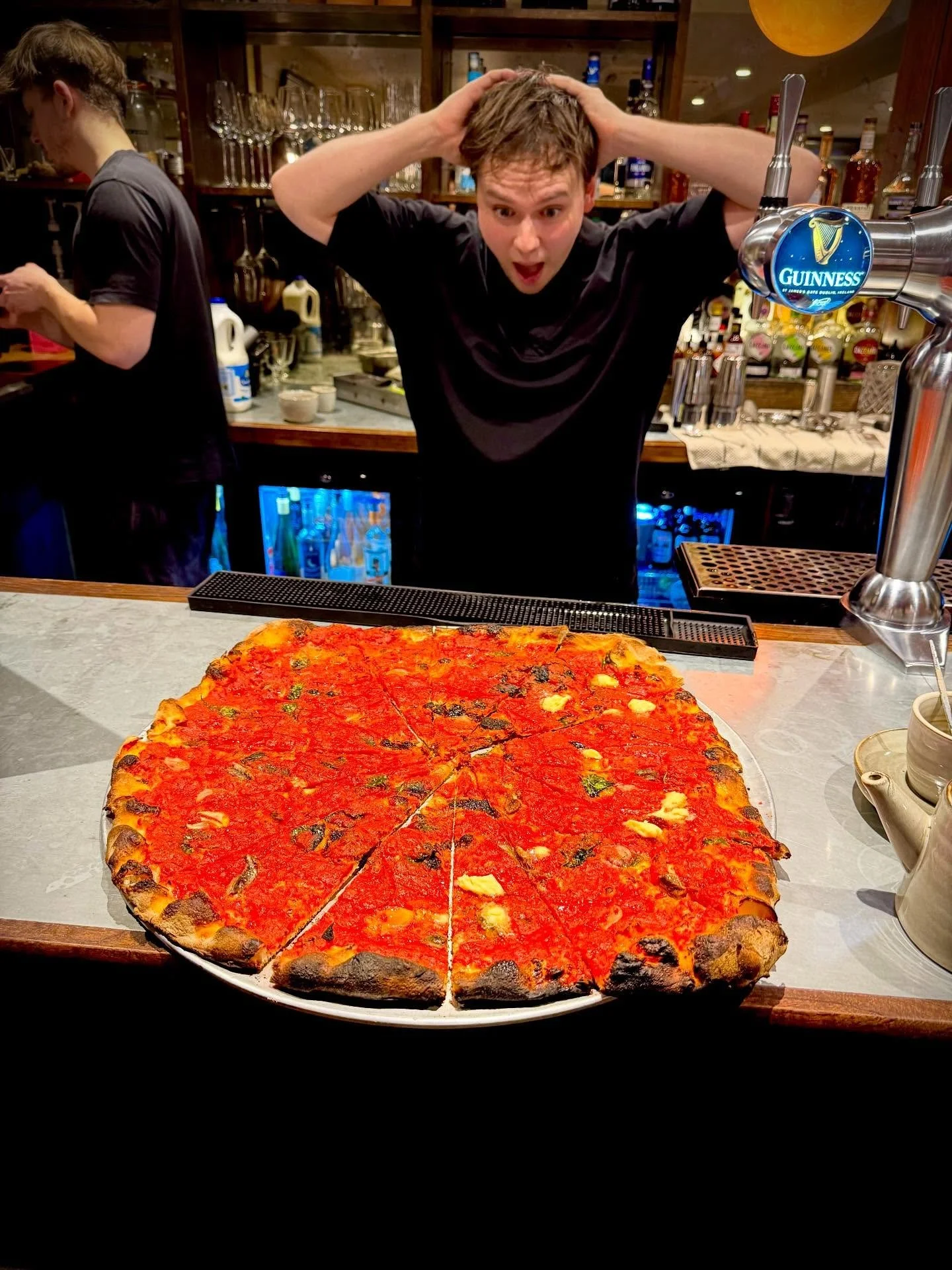 The real reaction of a real American seeing his first New Haven inspired pizza in the UK. 

For those who don&rsquo;t know - New Haven&ndash;style pizza (&ldquo;apizza&rdquo;) is known for its thin, coal-fired crust that&rsquo;s deeply charred, givin
