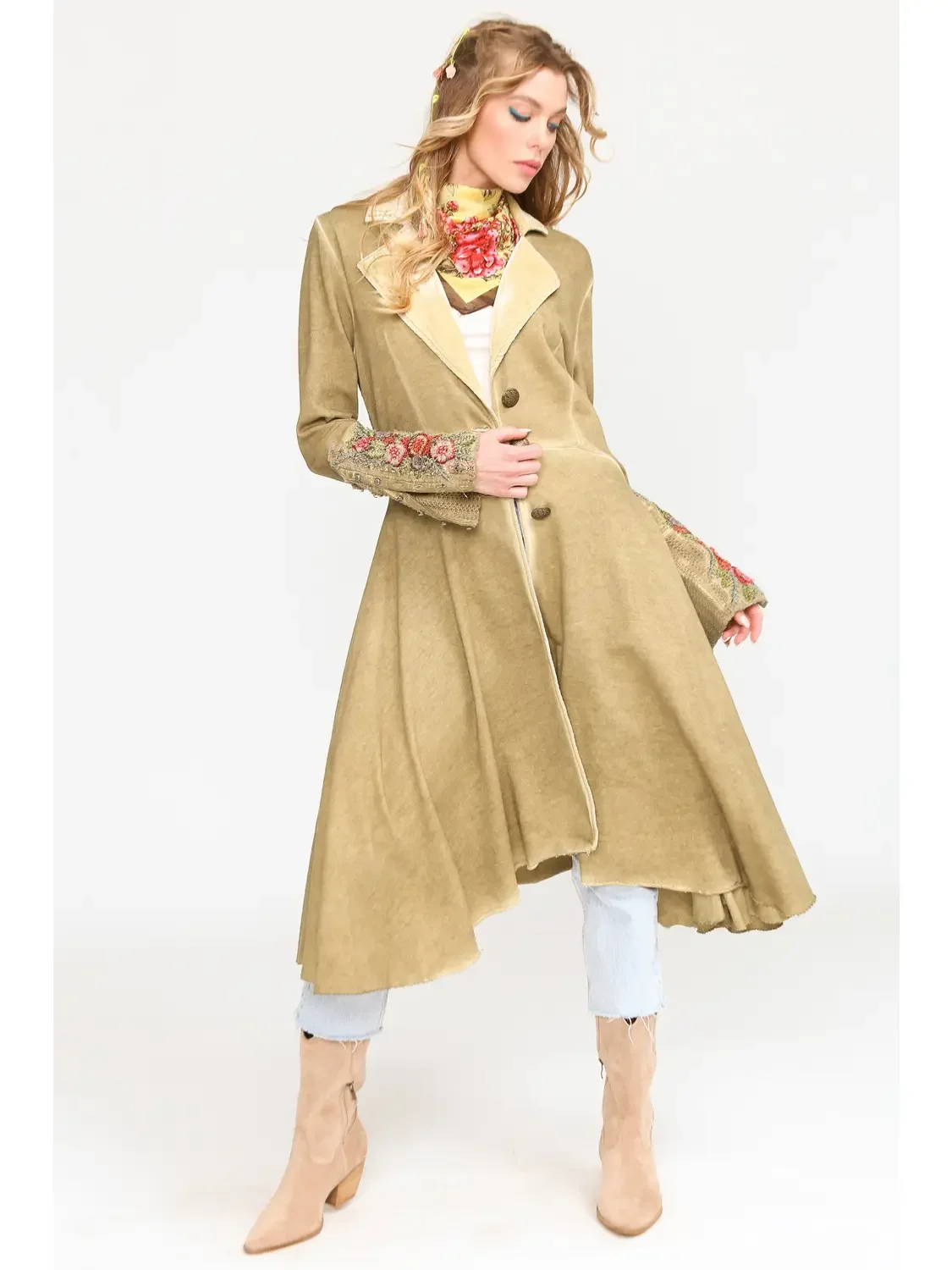 Elegant French Terry Coat with Velvet & Floral Accents