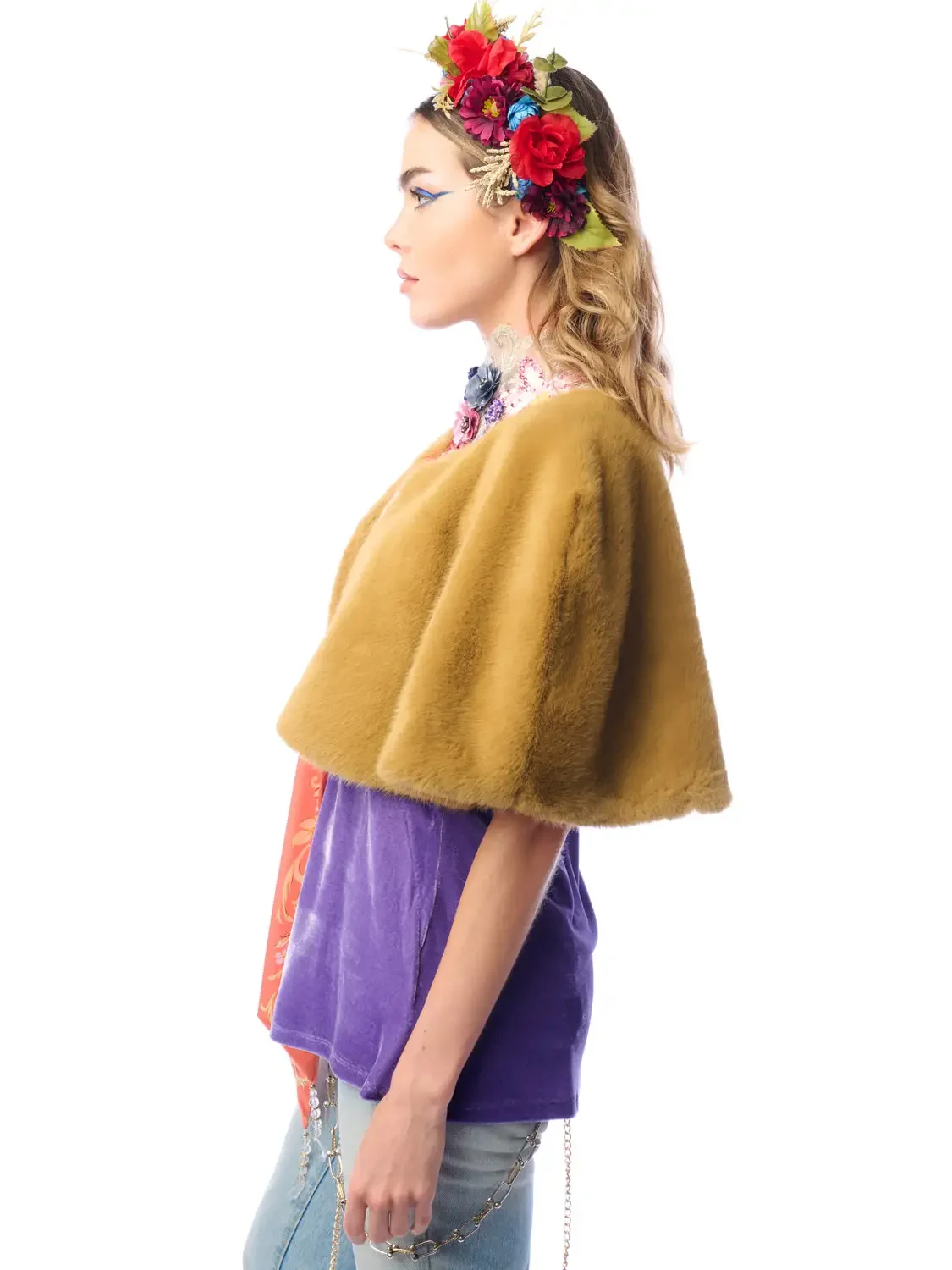 Reversible Faux Fur Cape with Floral Lining