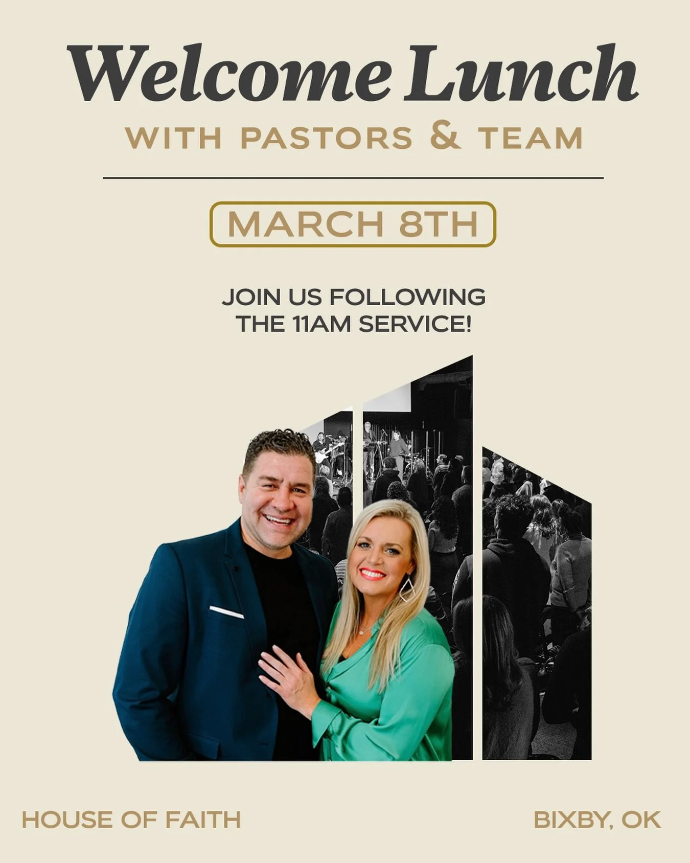 Join us March 8th, for Lunch with the Pastors following our 11:00 AM service.

This is more than just a meal - it&rsquo;s an opportunity to:

🙌 Hear the vision and mission God has given House of Faith

💬 Connect personally with Pastor Caleb and Pas
