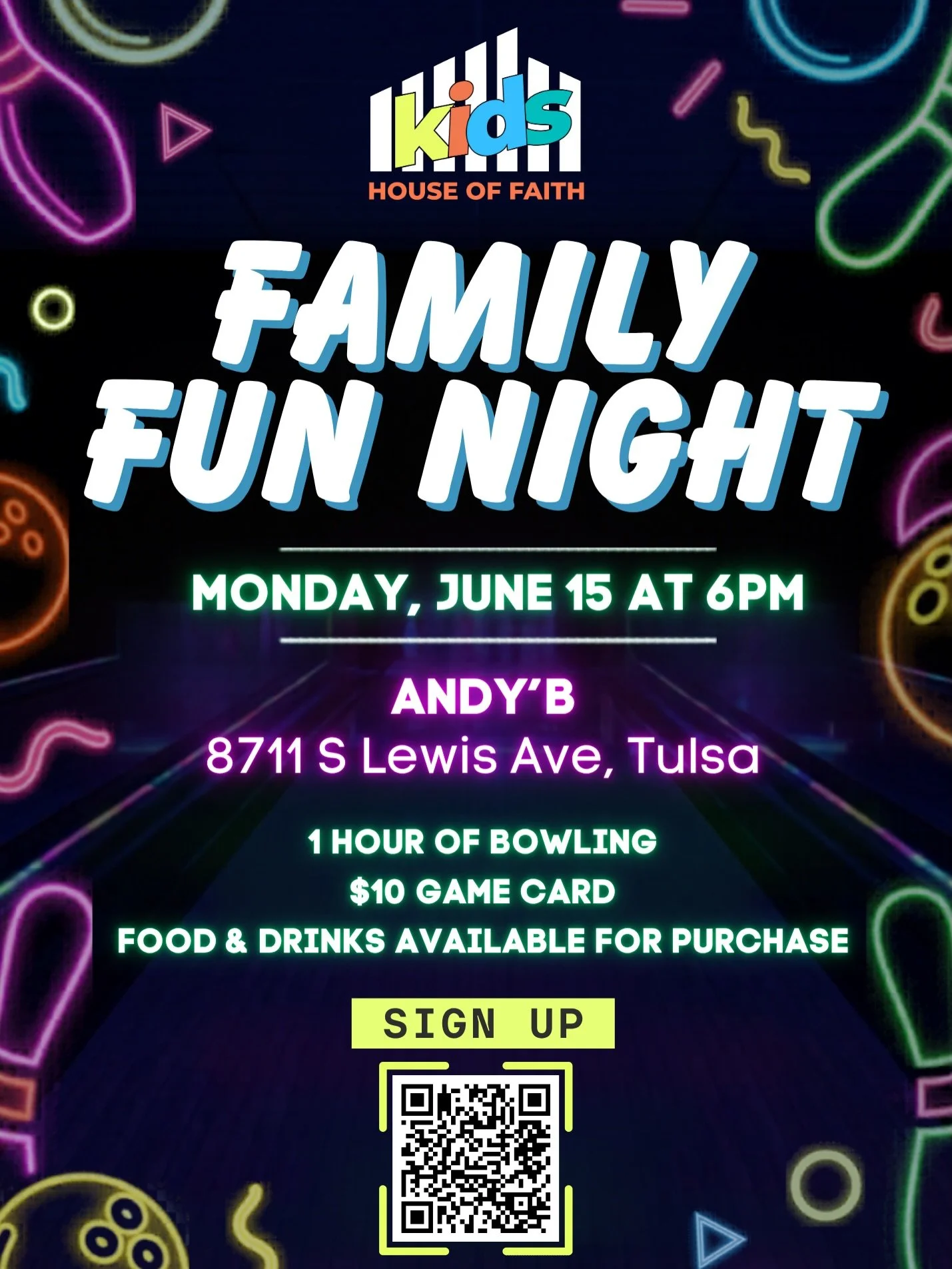 Family Fun Night is BACK 🎳✨

Bring the whole crew and meet us at Andy&rsquo;B!

 Monday, June 15th | 6PM
Andy&rsquo;B | 8711 S Lewis Ave, Tulsa

🎳 1 Hour of Bowling
🎮 $10 Game Card
🍕 Food &amp; Drinks available for purchase

Sign up via QR code. 