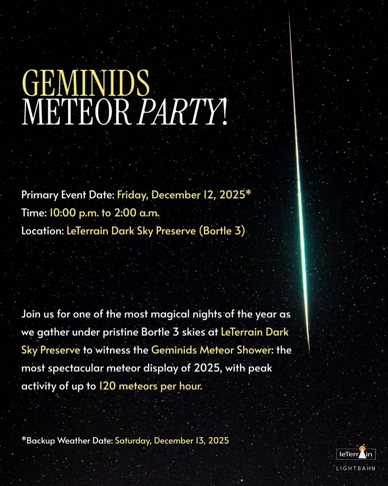 We&rsquo;re wrapping up 2025 the best way we know how: under dark skies with the Geminids overhead. Come watch the most spectacular meteor shower of the year with us! ✨

Book your spot now through the link in bio.