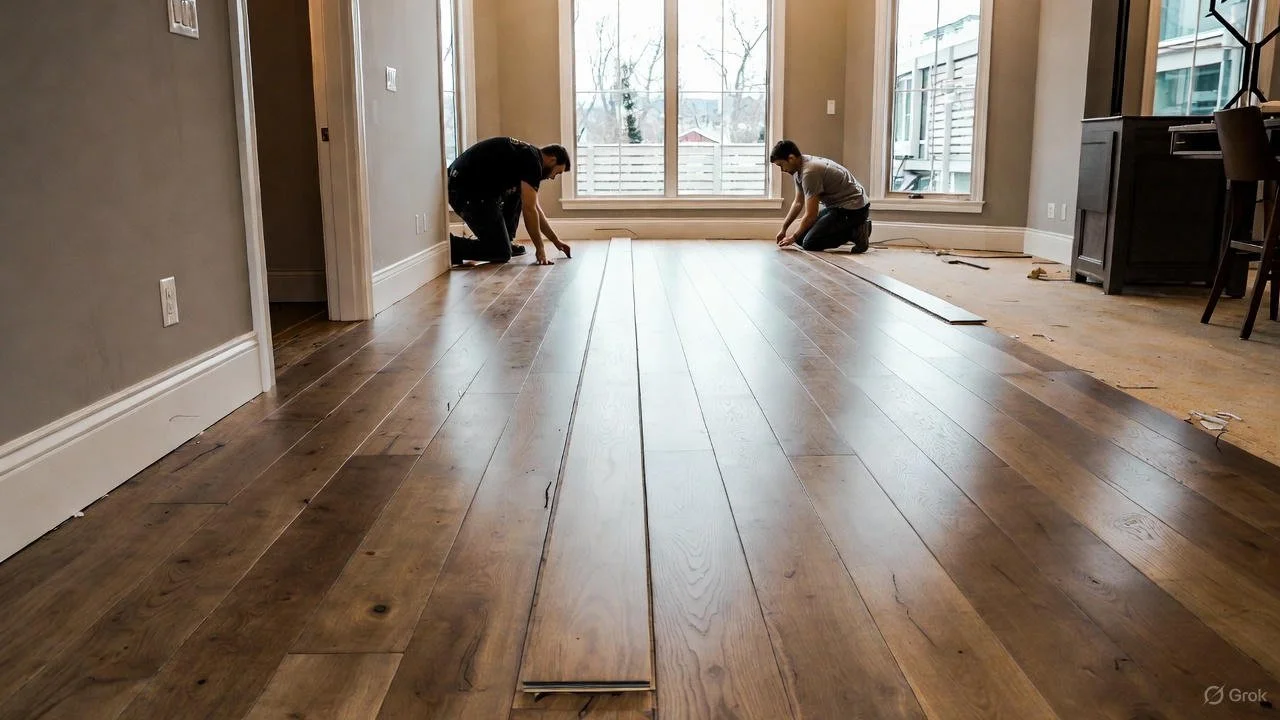 two workers are installing engineered hardwood floor