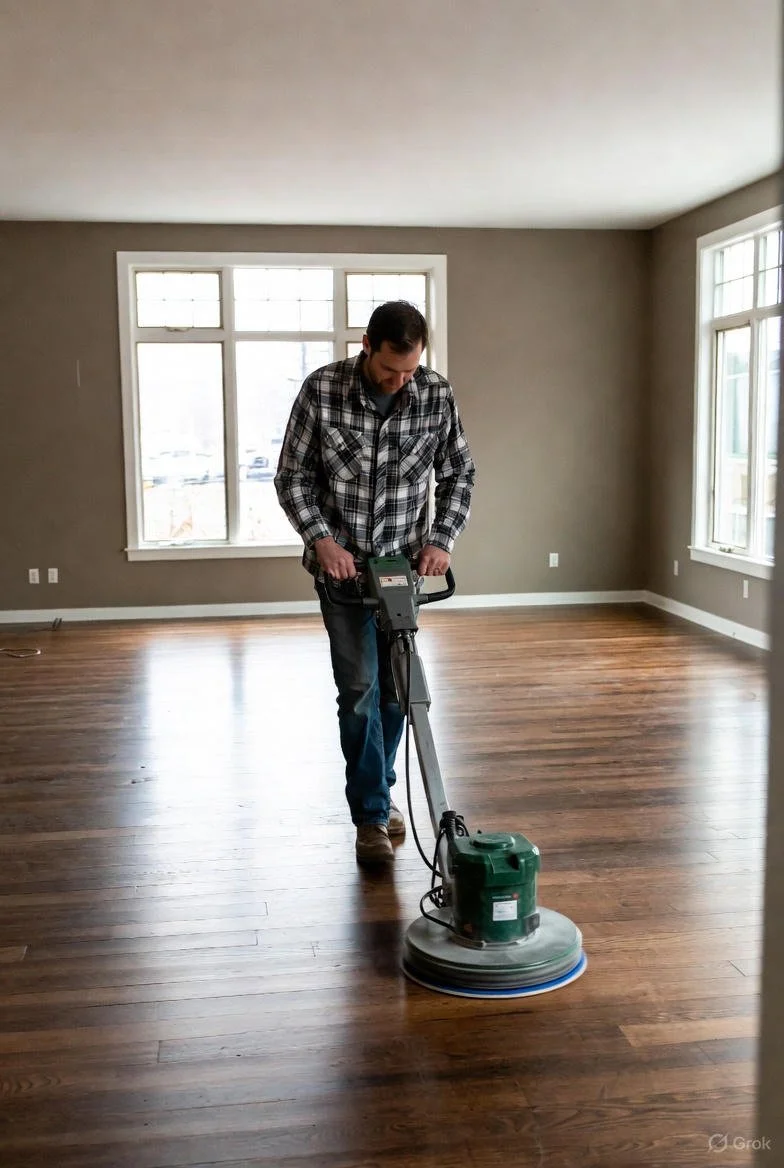 hardwood floor is being polished by a machine that is operated by a man visible from the waist down