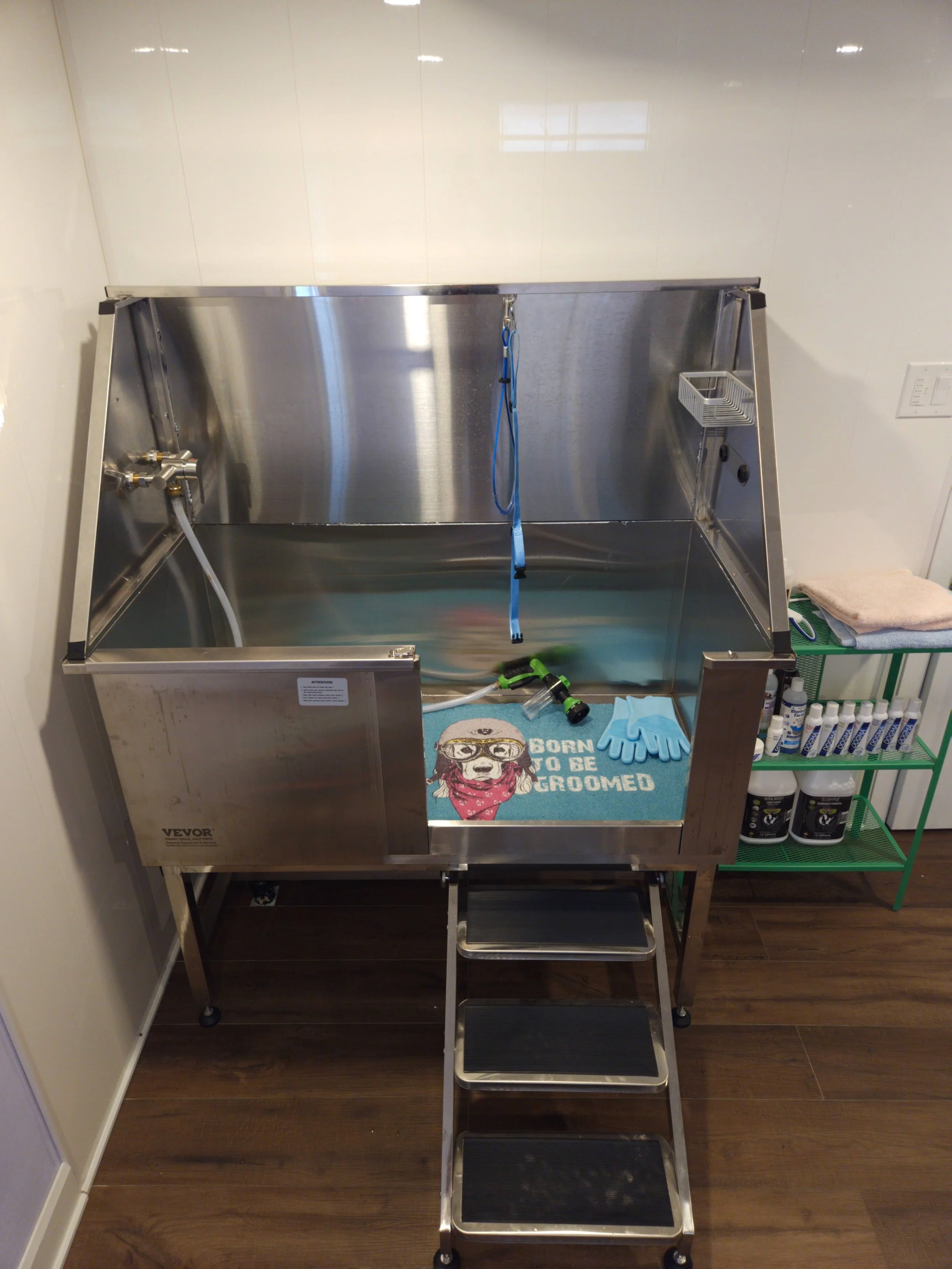 A stainless steel animal grooming station with steps, a blue leash hanging from the top, grooming tools, gloves, and bottles of grooming products on a green shelf nearby.