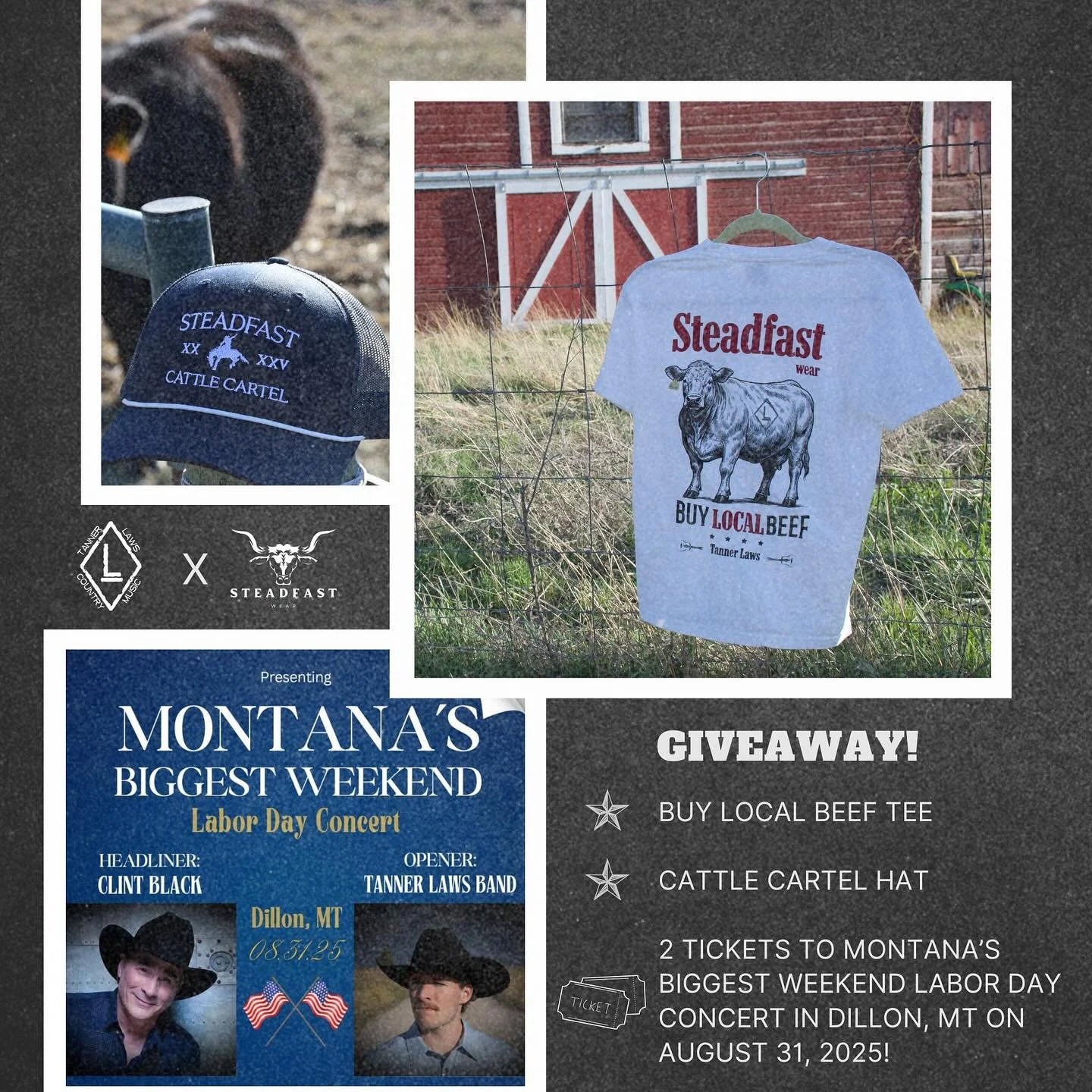 🚨 GIVEAWAY TIME! 🚨

To celebrate our collab with @tannerlawsmusic , we&rsquo;re giving one lucky winner:

⭐ The Buy Local Beef Tee
⭐ The Cattle Cartel Hat
🎟️ 2 Tickets to Montana&rsquo;s Biggest Weekend in Dillon, MT &mdash; August 31, 2025!

Here