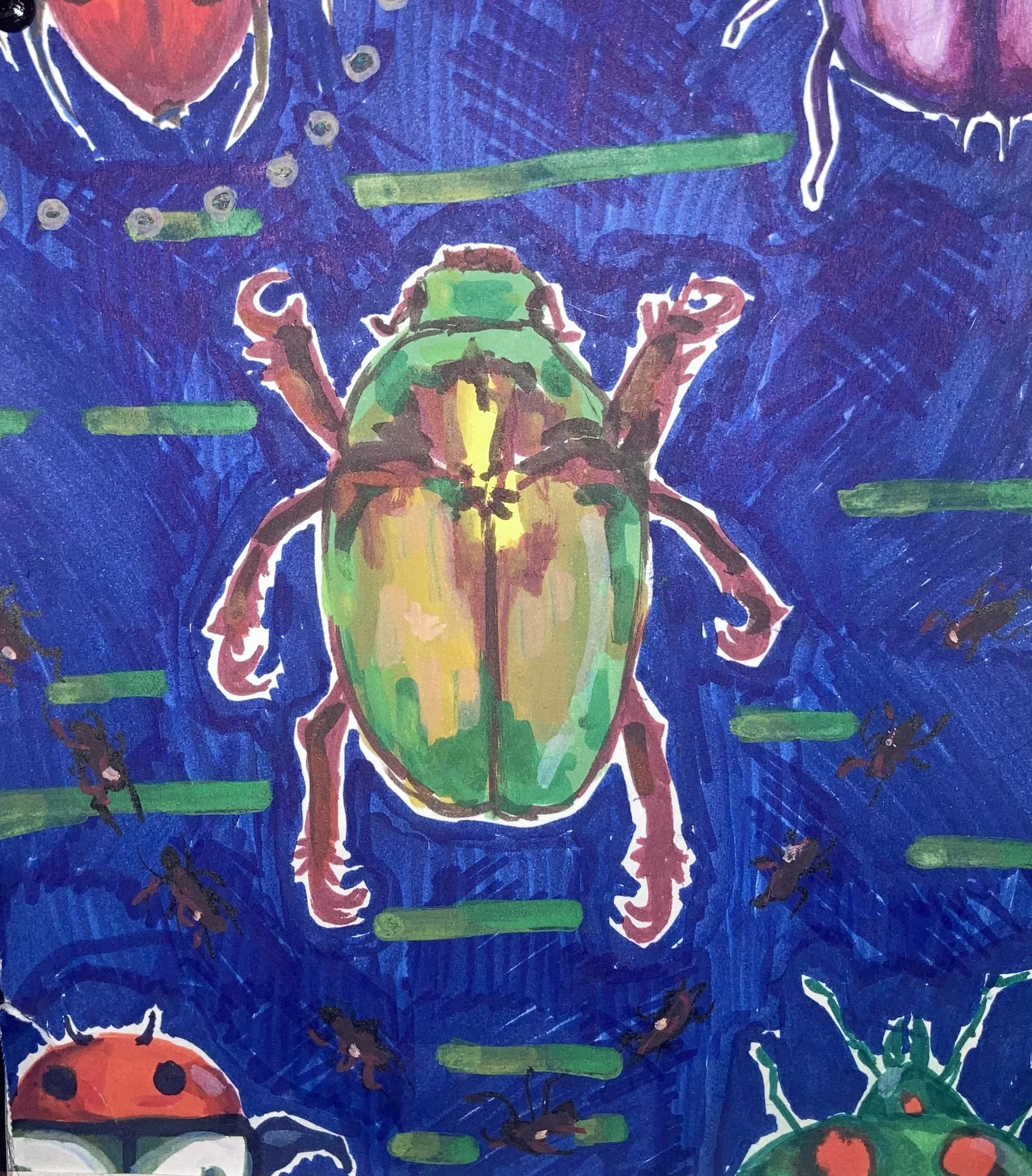 Colorful painting of a large green and yellow beetle on a dark blue background with small insects around it.