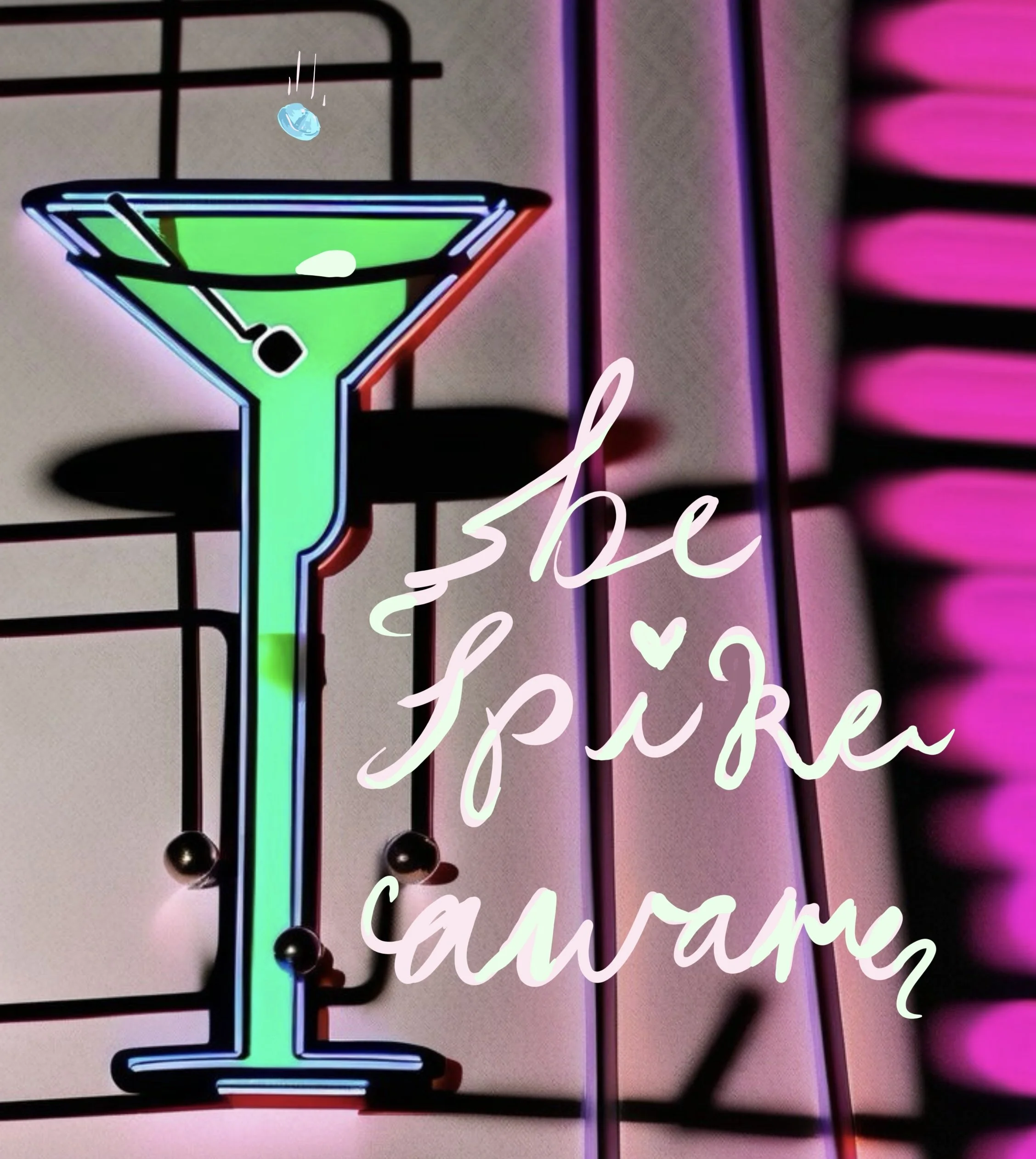 Neon sign of a green cocktail glass with a black straw and cherry, with the words 'the spice' written in cursive and a heart, and 'cawaii' in a more stylized font over a background of pink and purple lights.