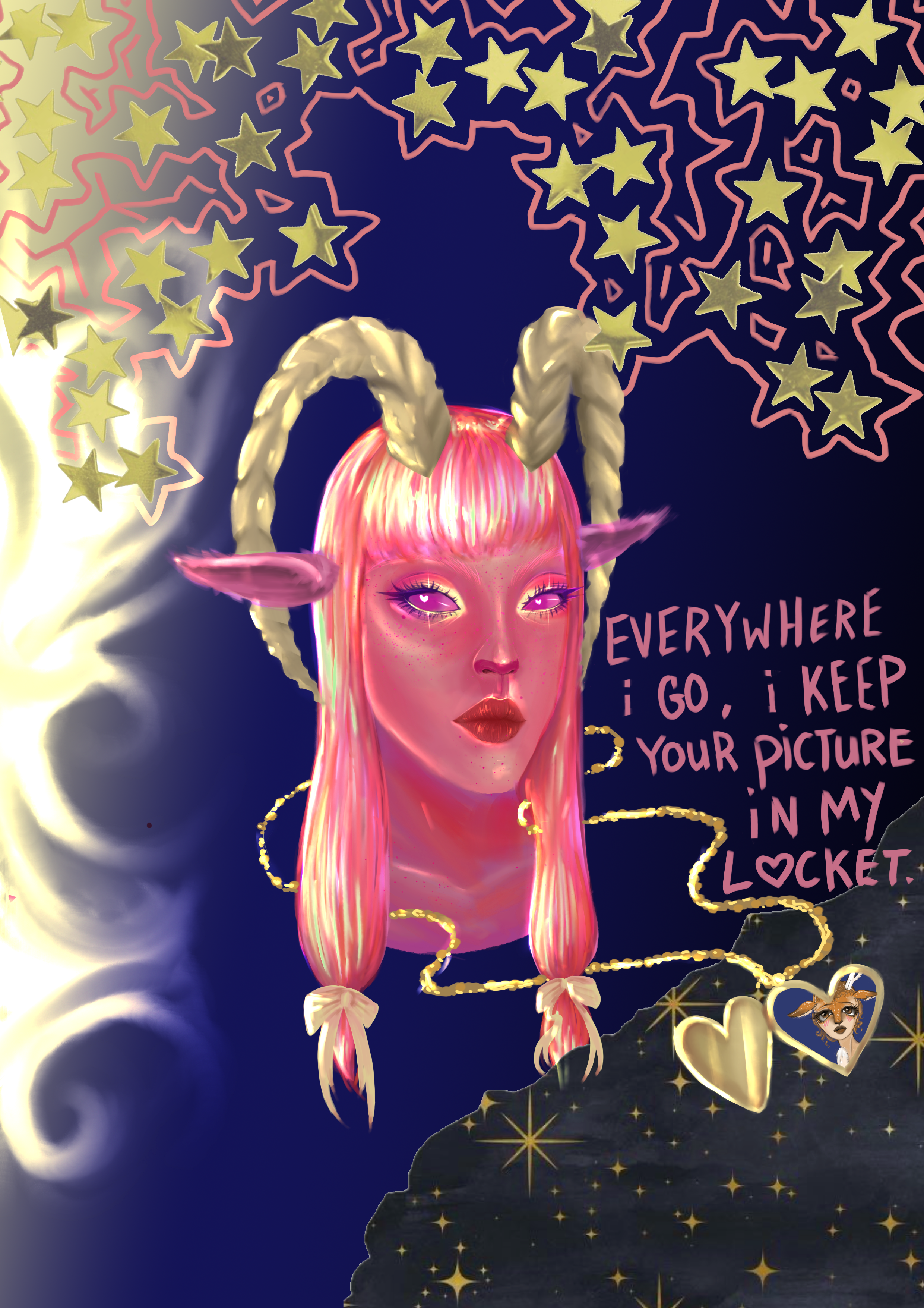 A fantasy-style digital illustration of a female character with pink hair, pink eyes, elf-like ears, and gold twisted horns. She is surrounded by glowing star and swirl patterns with a dark background. A gold chain with a heart-shaped pendant and a d