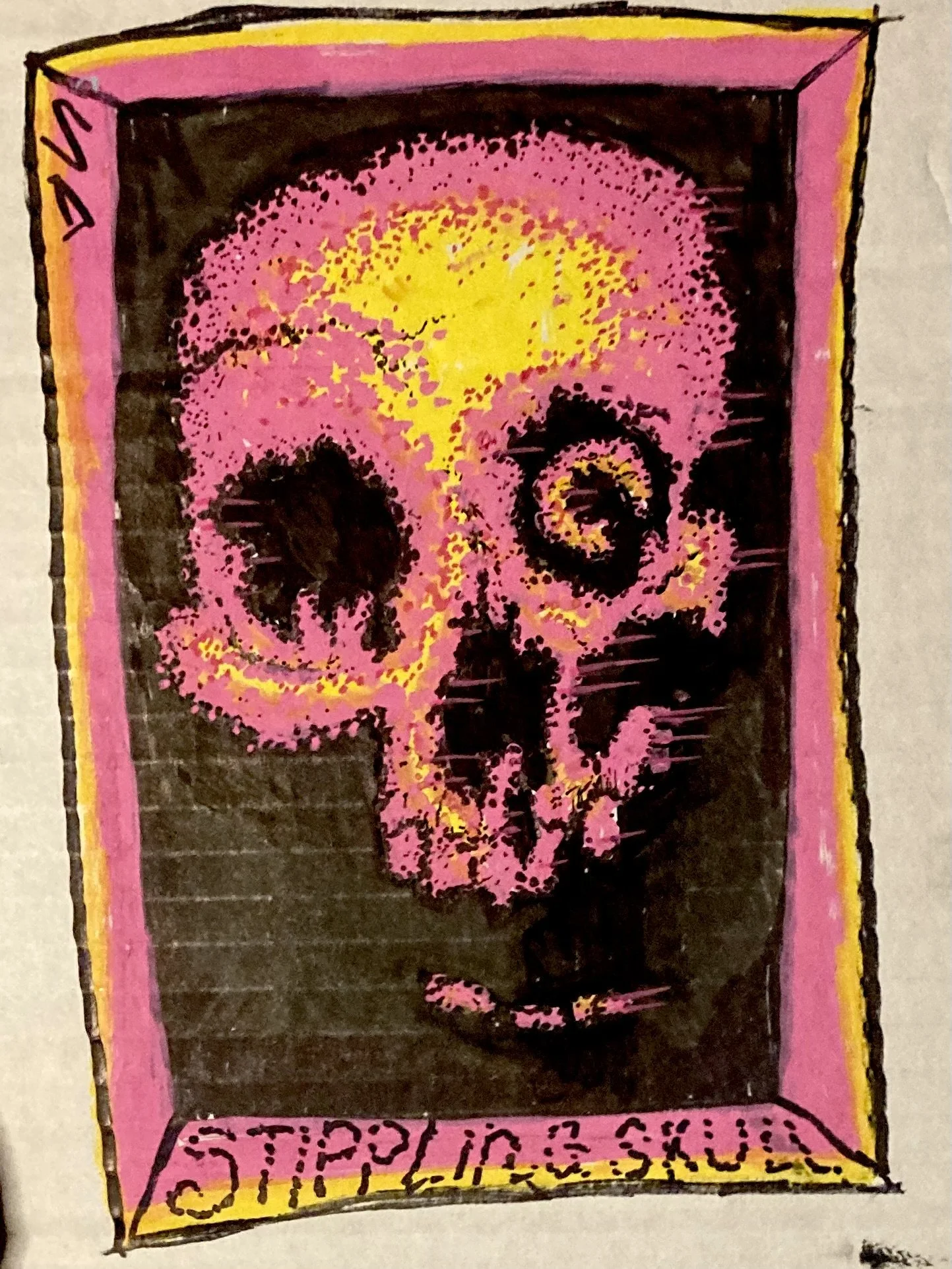 A colorful illustration of a pink skull with a yellow splash on top, surrounded by a pink and black border with handwritten text along the top and bottom edges.