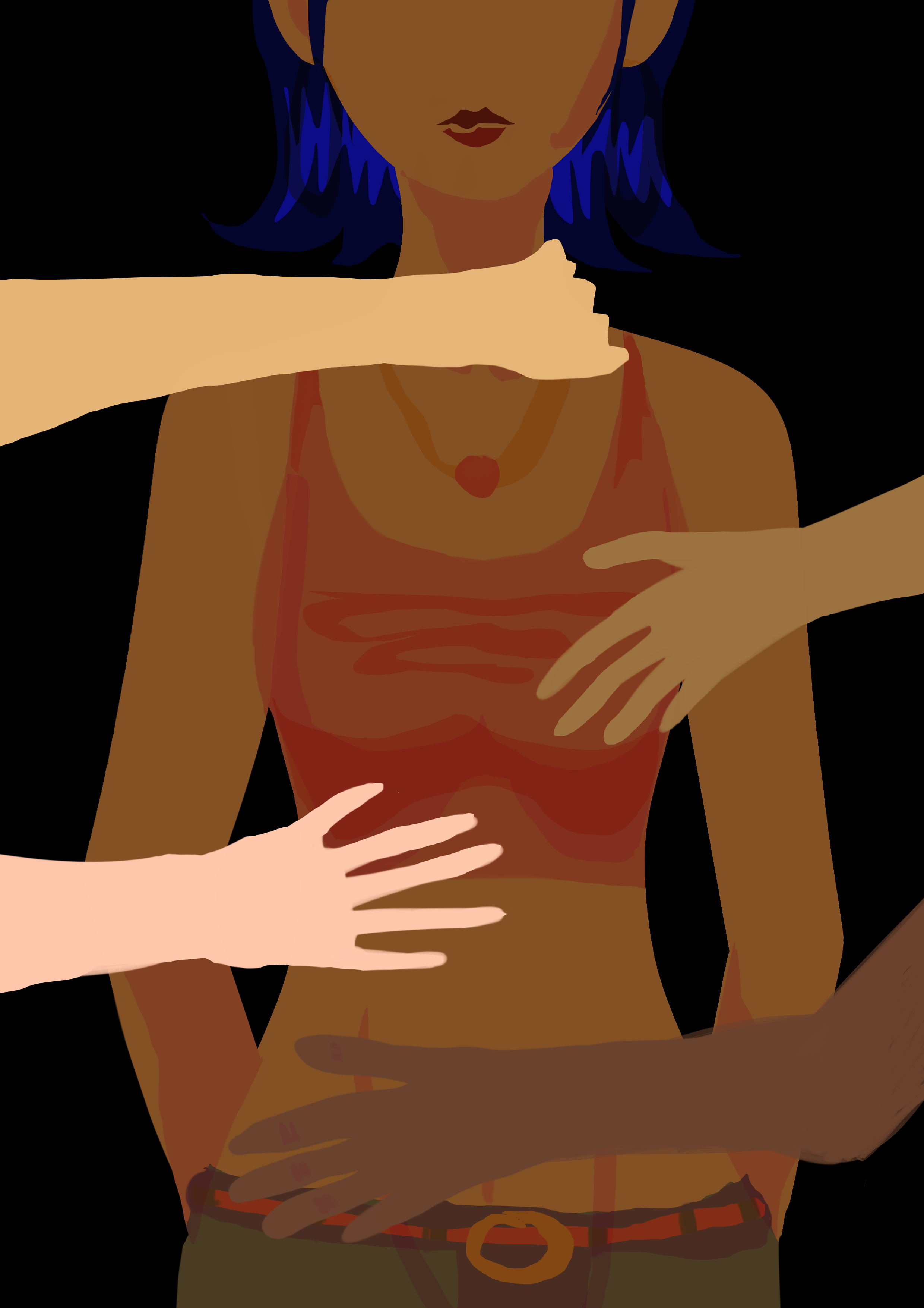 An illustrated woman with blue hair wearing a red top, surrounded by multiple hands reaching towards her from different directions.
