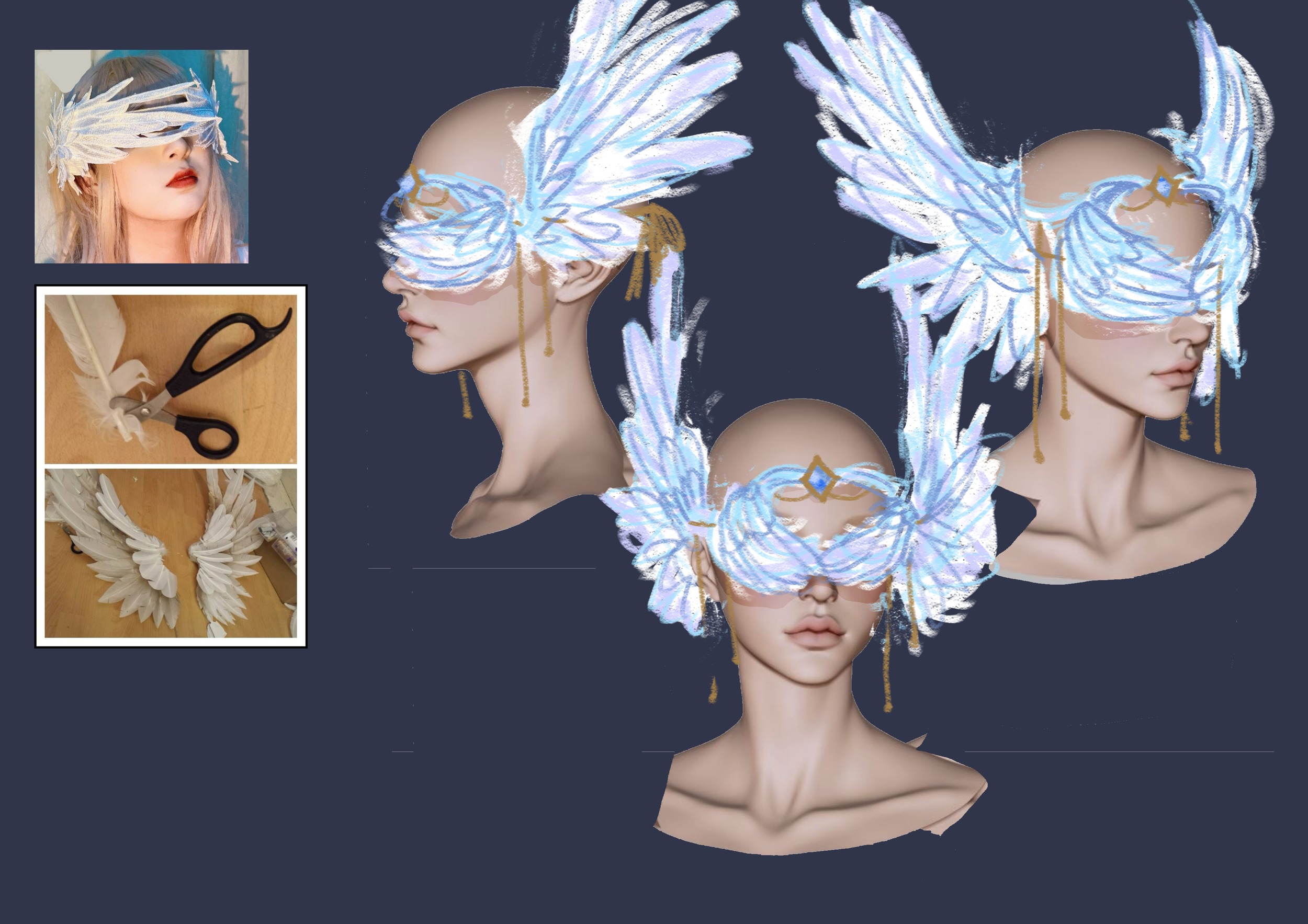 Steps shown to create an elaborate feathered mask with wings. The process includes cutting feathers with scissors, assembling wings from feathers, and attaching them to a headpiece to create a large, ornate mask with feathers and gold accents.