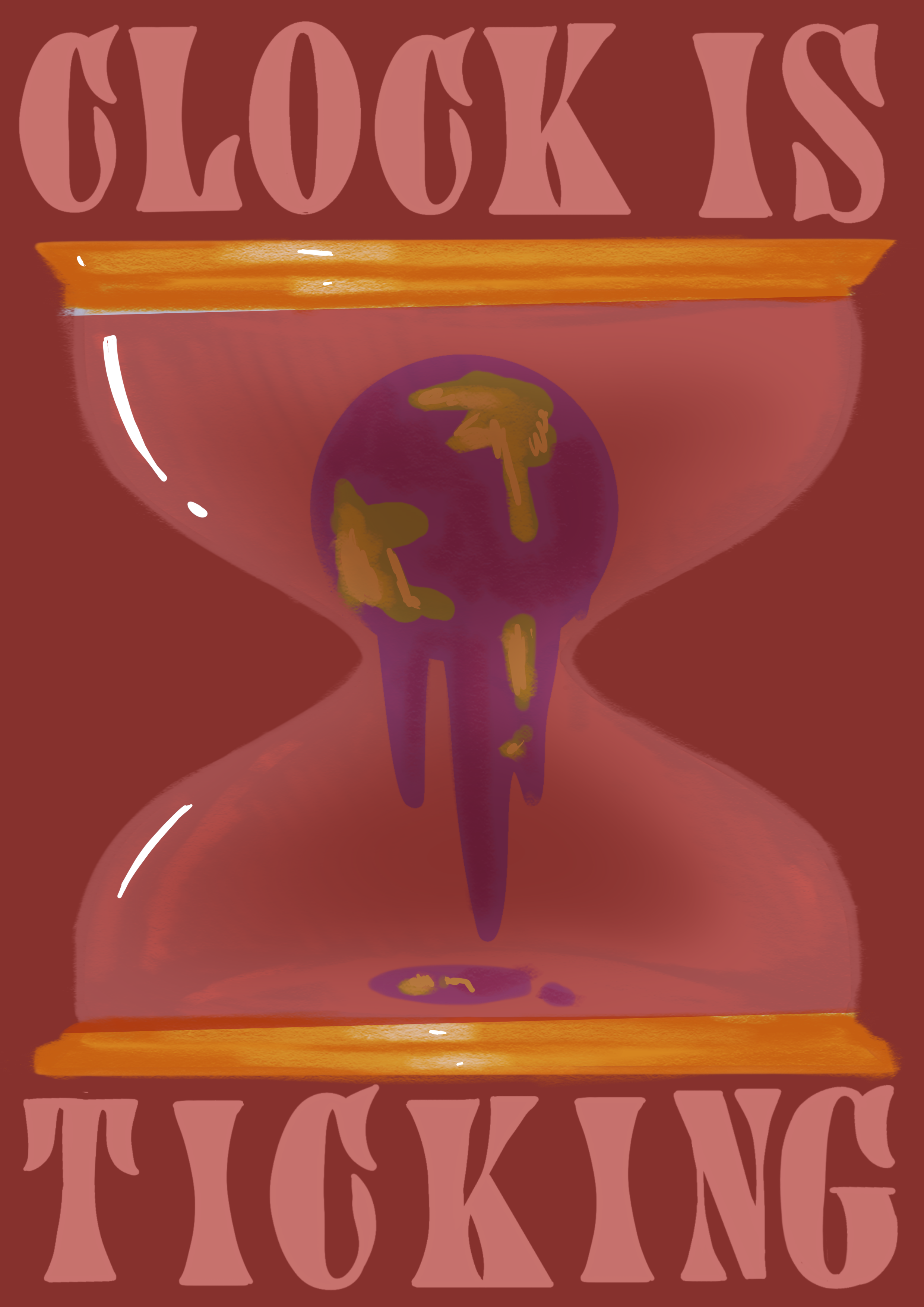 An illustration of an hourglass with a globe trapped inside, melting and dripping, with the words 'Clock is Ticking' at the top and bottom.