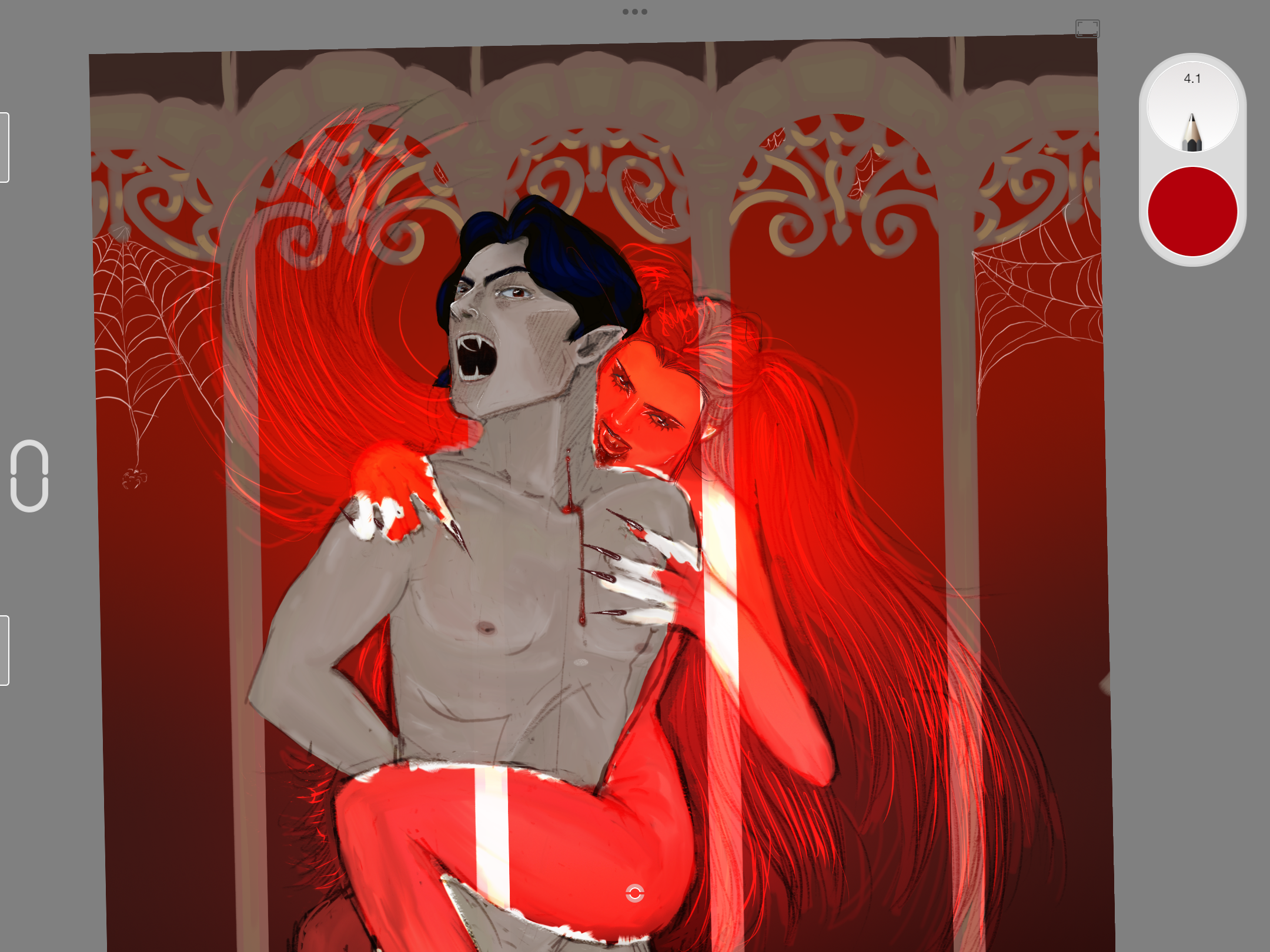 Digital artwork of a shirtless male with black hair and sharp teeth, being attacked by a red-haired female with long hair, horns, and clawed nails, in a dark, gothic background with cobwebs.