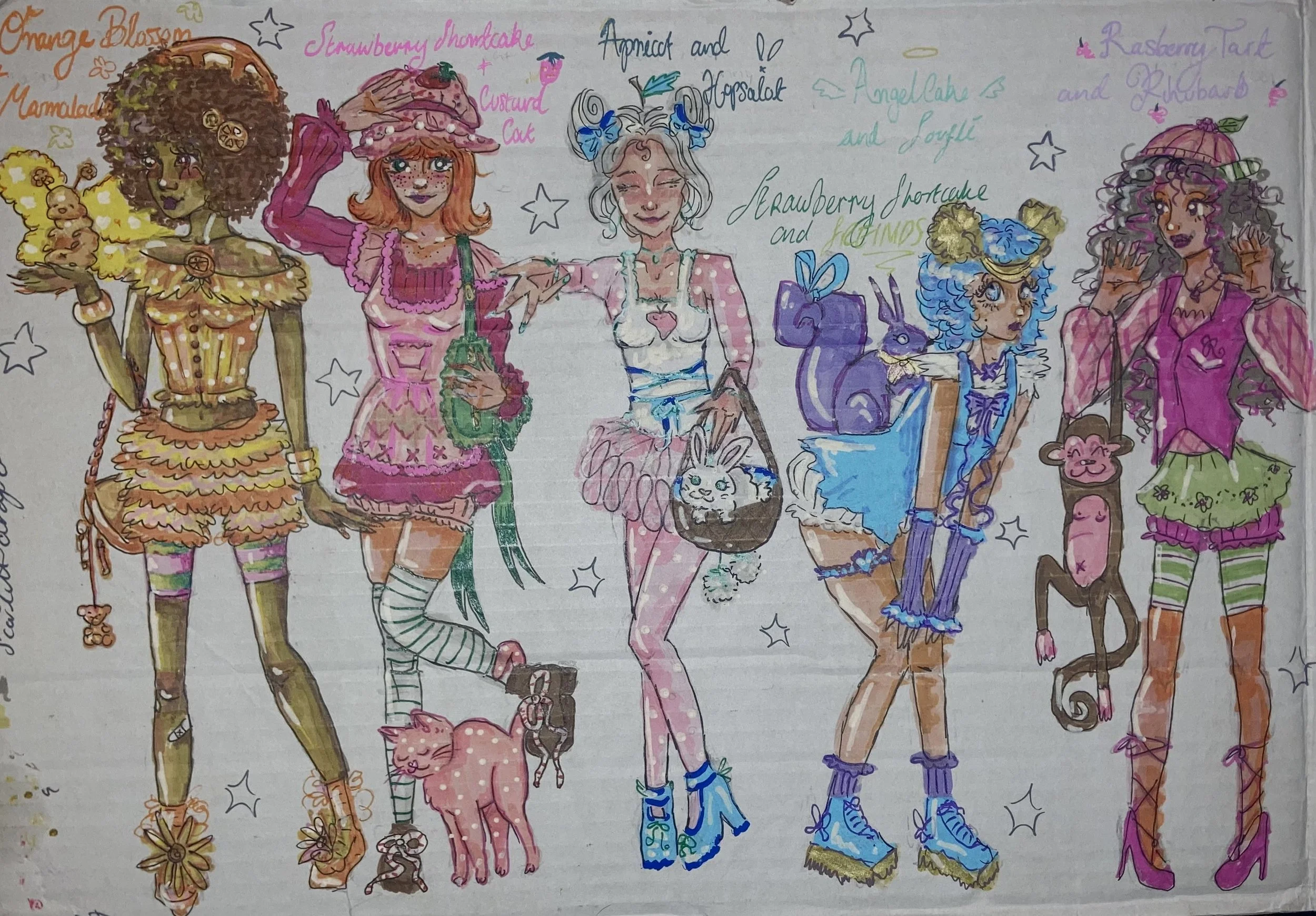 Colorful illustration of six girls dressed in creative, fairy-tale costumes. They are holding or surrounded by animals, with handwritten notes above them describing each girl and her outfit.